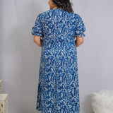 Indigo Dabu Handblock Printed Floral Slit Dress