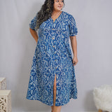 Indigo Dabu Handblock Printed Floral Slit Dress