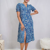 Indigo Dabu Handblock Printed Floral Slit Dress