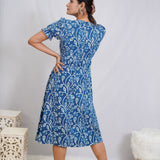 Indigo Dabu Handblock Printed Floral Slit Dress