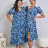 Indigo Dabu Handblock Printed Floral Slit Dress