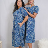 Indigo Dabu Handblock Printed Floral Slit Dress