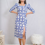 Blue Sanganeri Handblock Printed Slit Style Cotton Dress