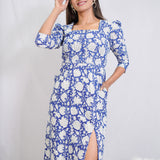 Blue Sanganeri Handblock Printed Slit Style Cotton Dress