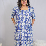 Blue Sanganeri Handblock Printed Slit Style Cotton Dress