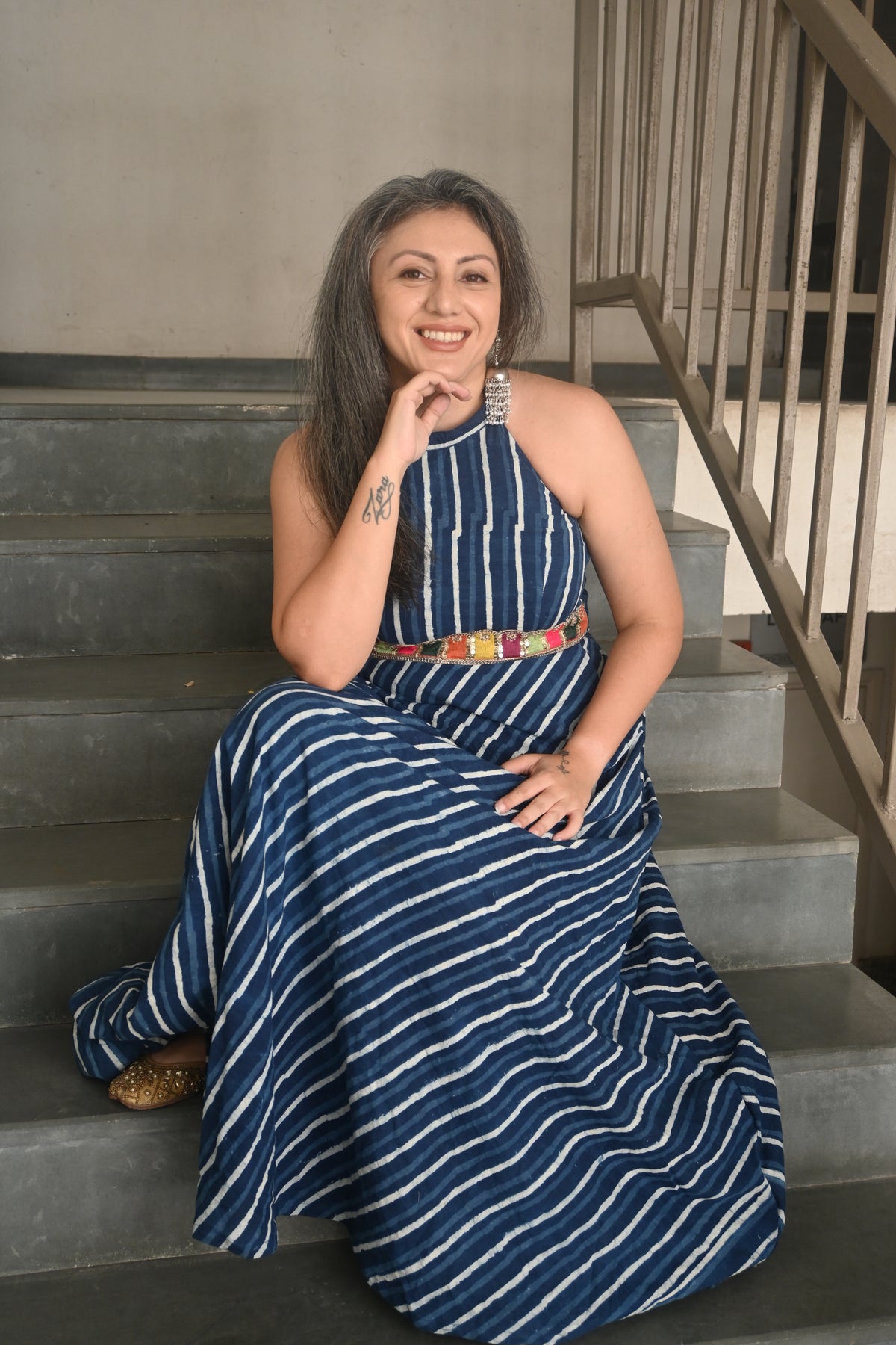 Indigo Dabu Handblock Printed Halter Maxi Cotton Dress