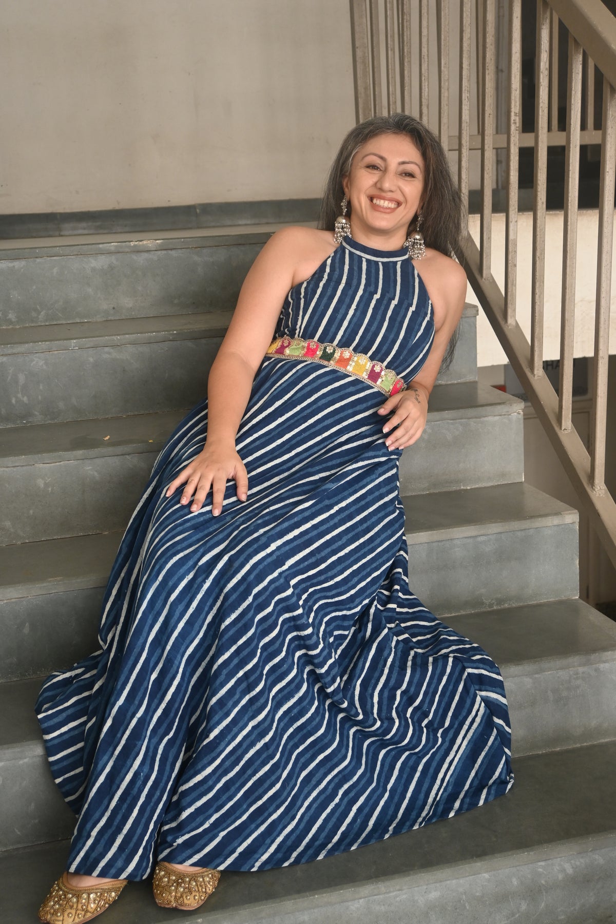 Indigo Dabu Handblock Printed Halter Maxi Cotton Dress
