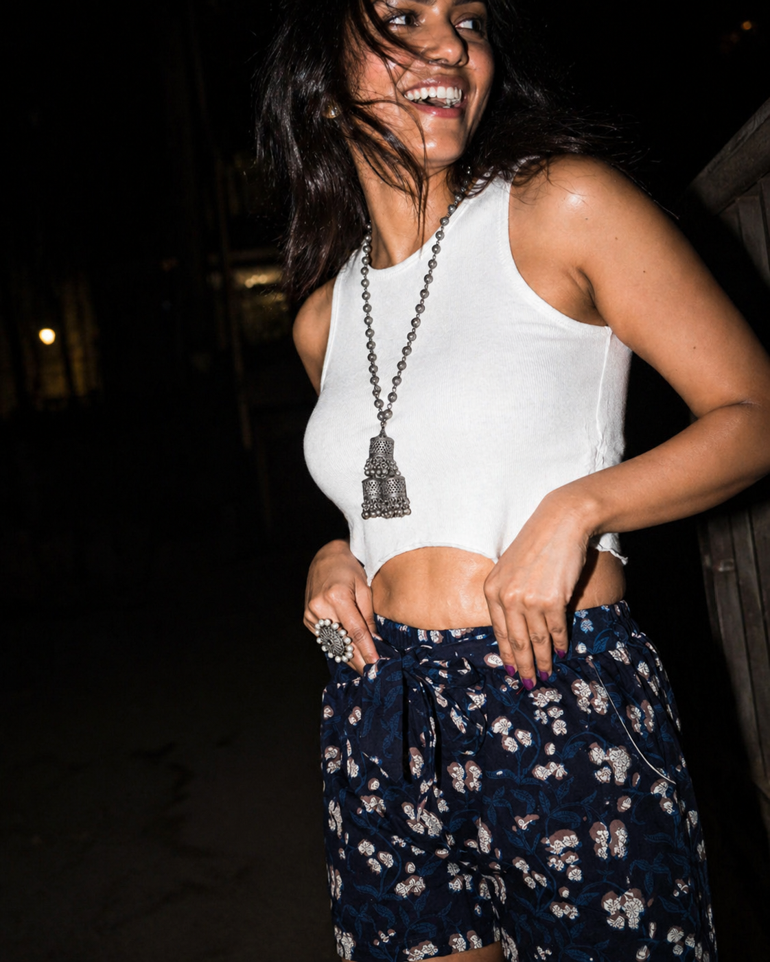 Dark blue bagru floral cotton shorts