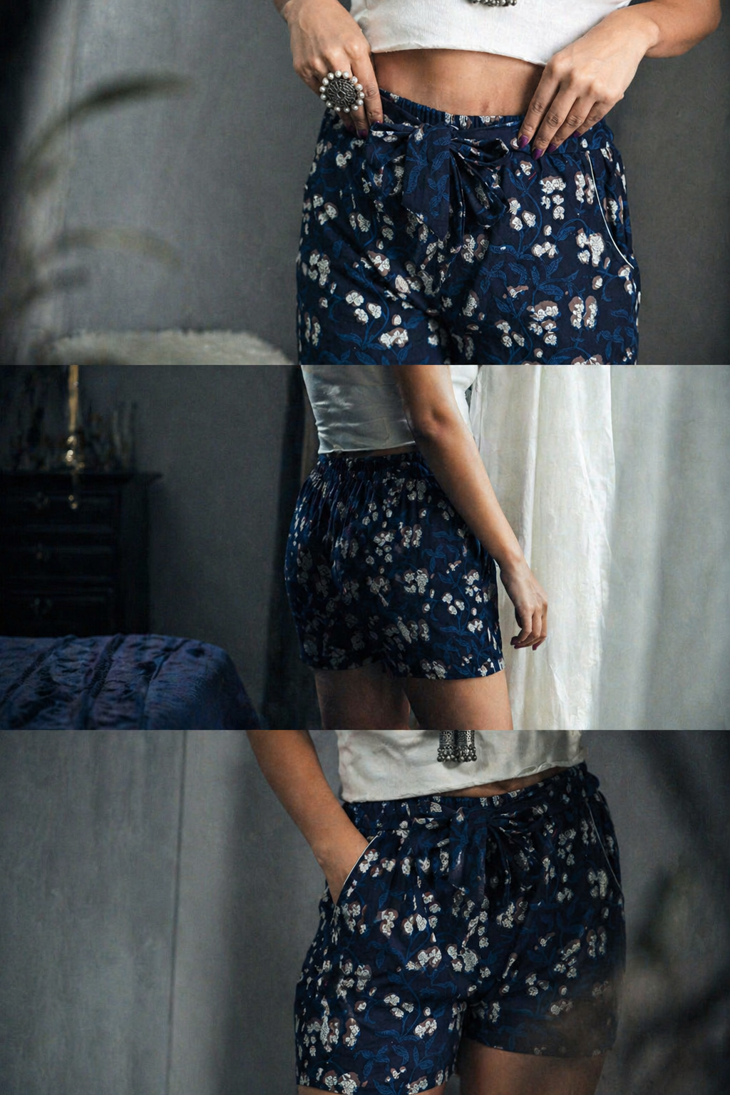 Dark blue bagru floral cotton shorts