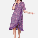 Purple Sanganeri Handblock Printed Wrap Style Cotton Dress