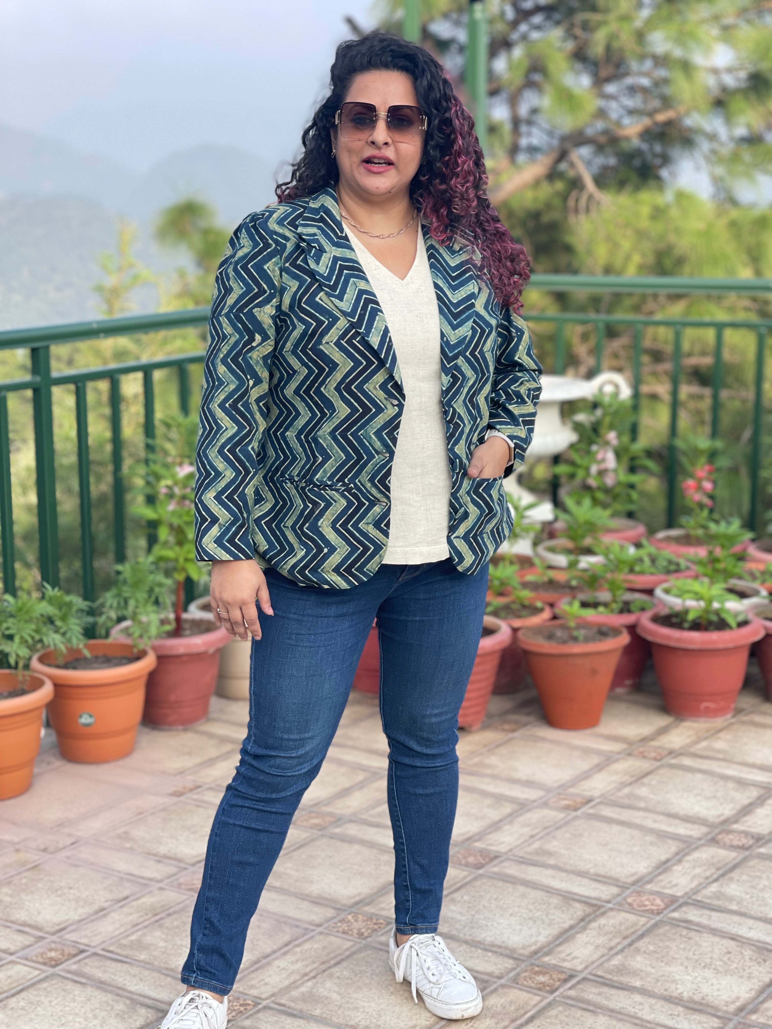 Ajrakh Zig Zag Handblock Printed Cotton Blazer