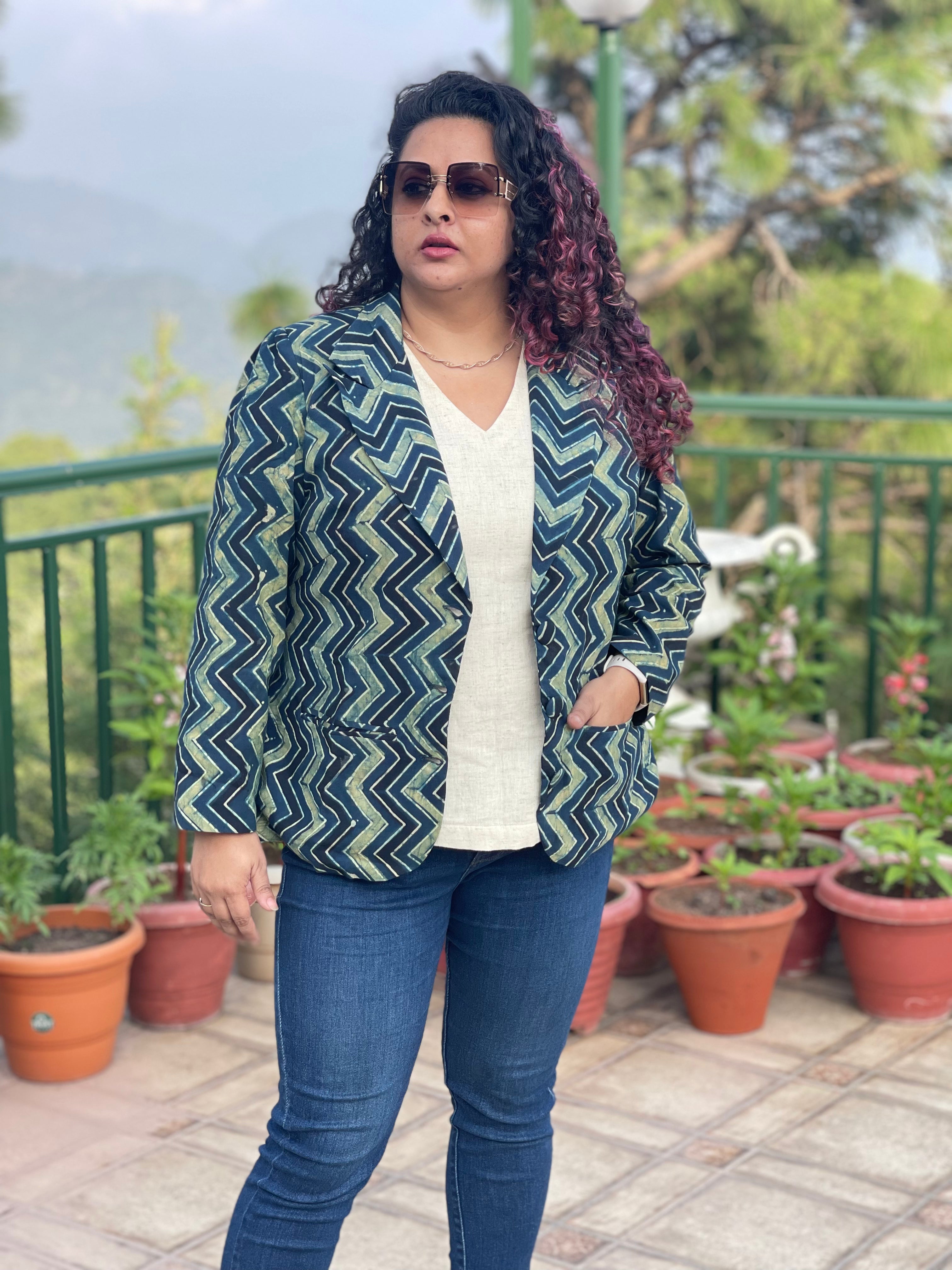 Ajrakh Zig Zag Handblock Printed Cotton Blazer