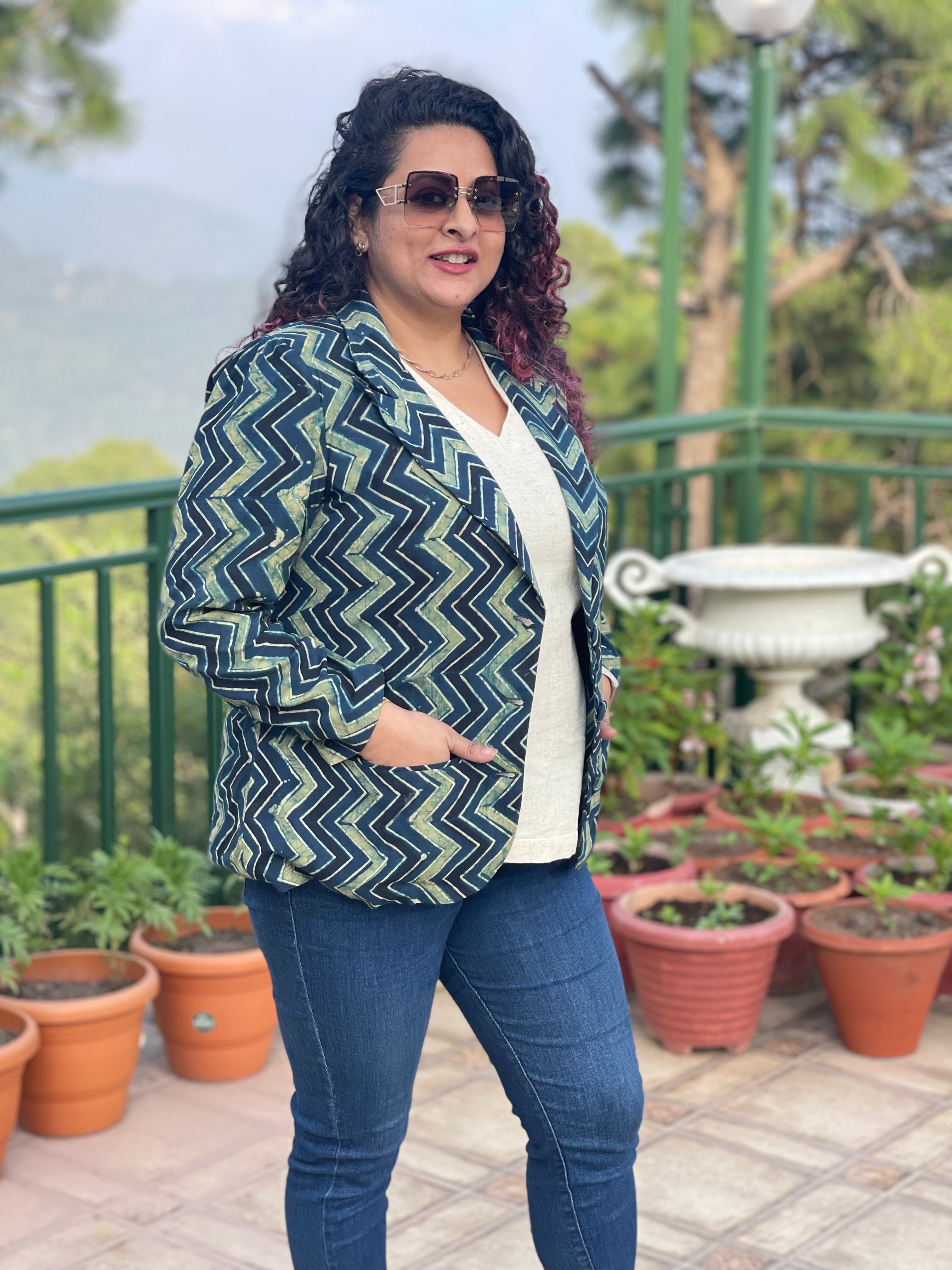 Ajrakh Zig Zag Handblock Printed Cotton Blazer