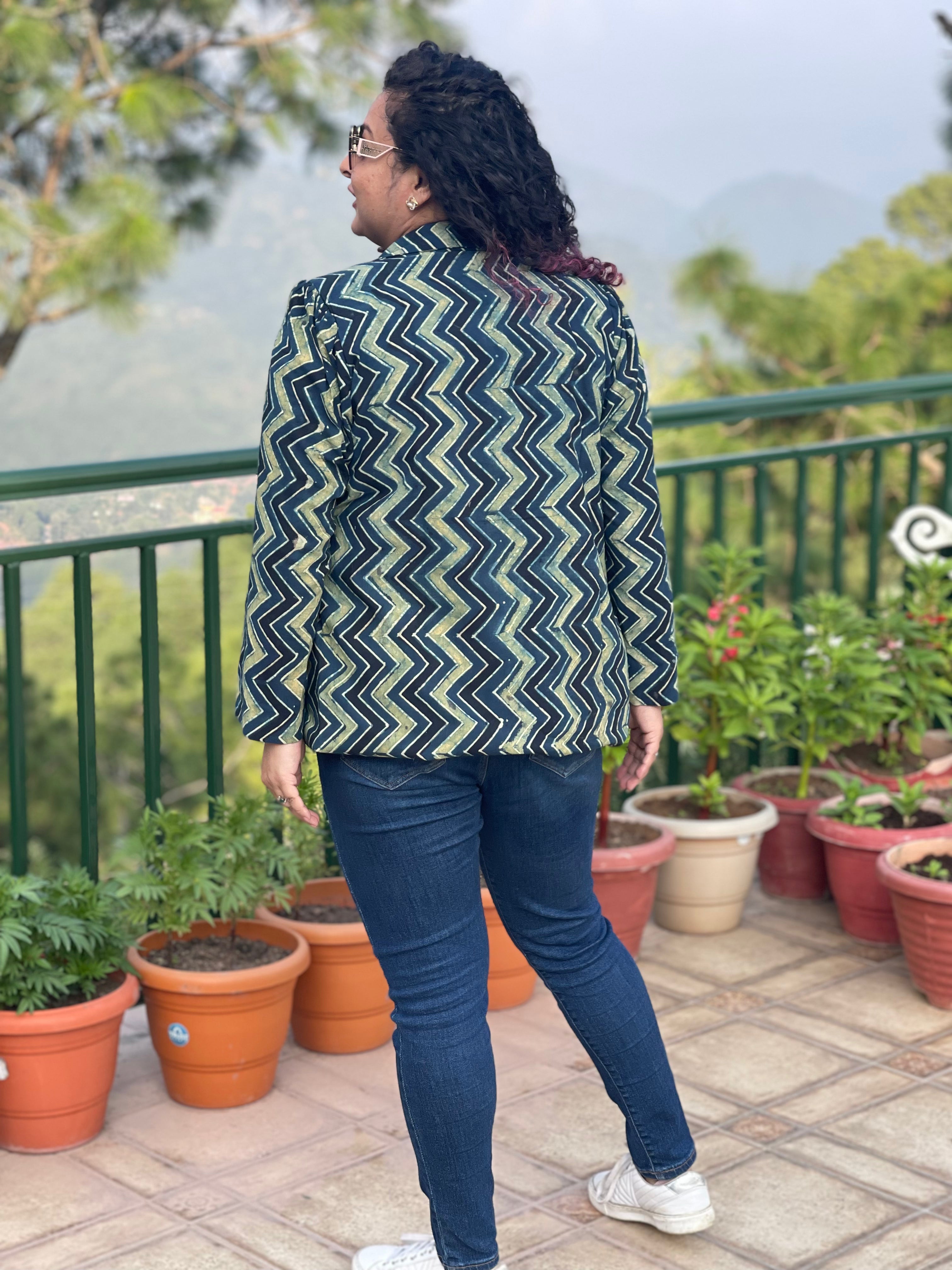 Ajrakh Zig Zag Handblock Printed Cotton Blazer