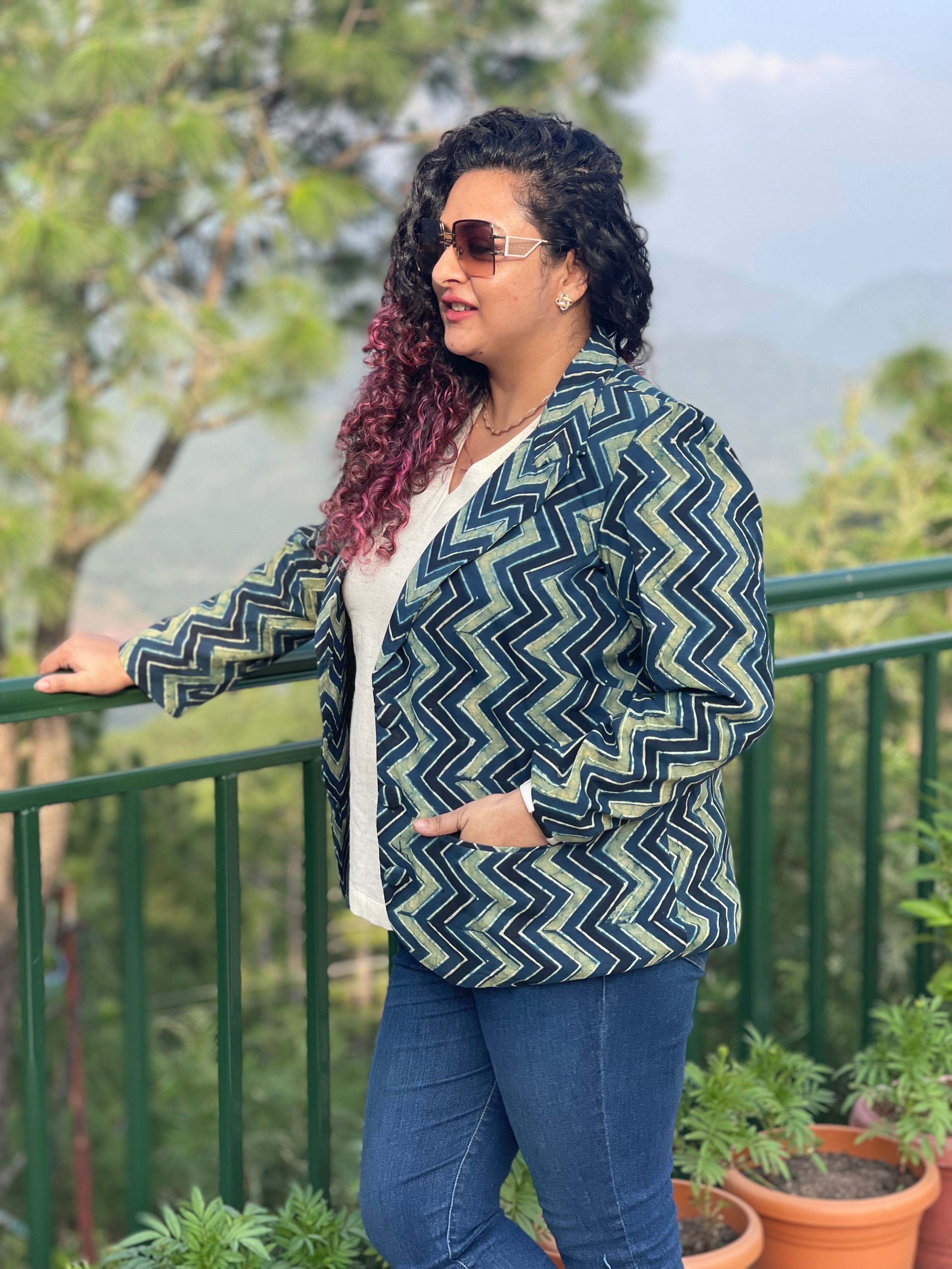 Ajrakh Zig Zag Handblock Printed Cotton Blazer