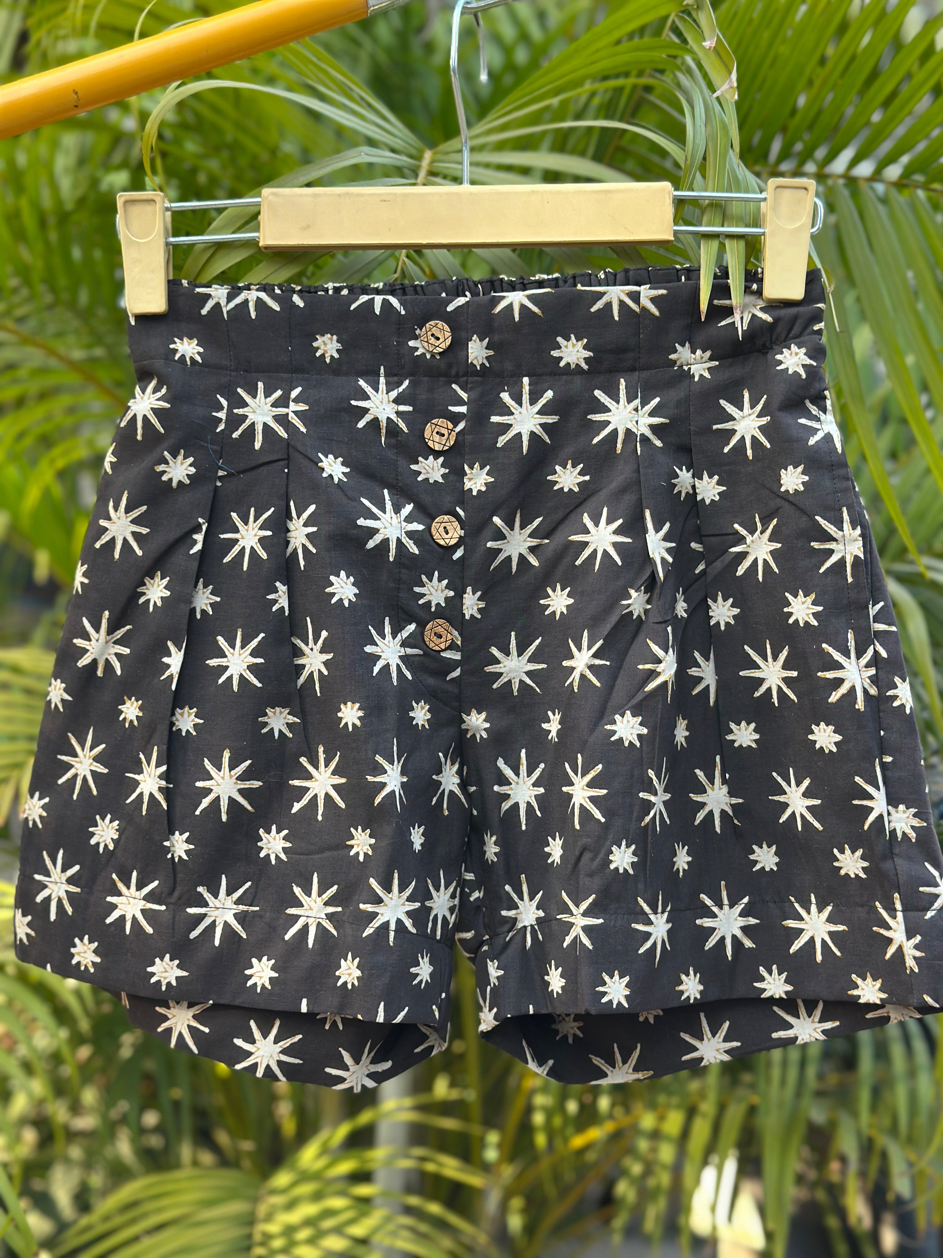 Midnight Star Burst - Bagru Handblock Cotton Shorts ( Charcoal Black)