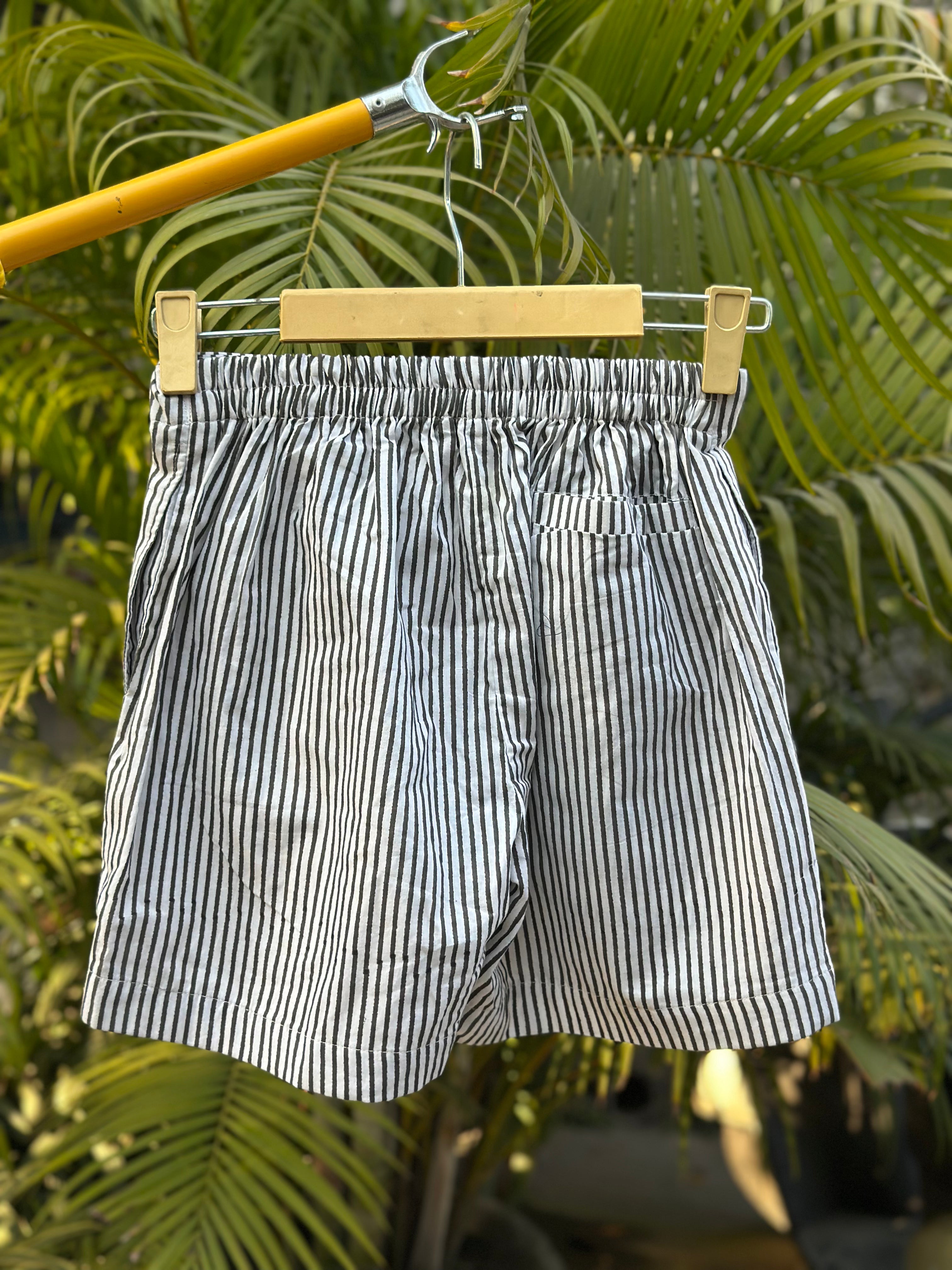 Midnight Ivory Stripe hand block print cotton shorts
