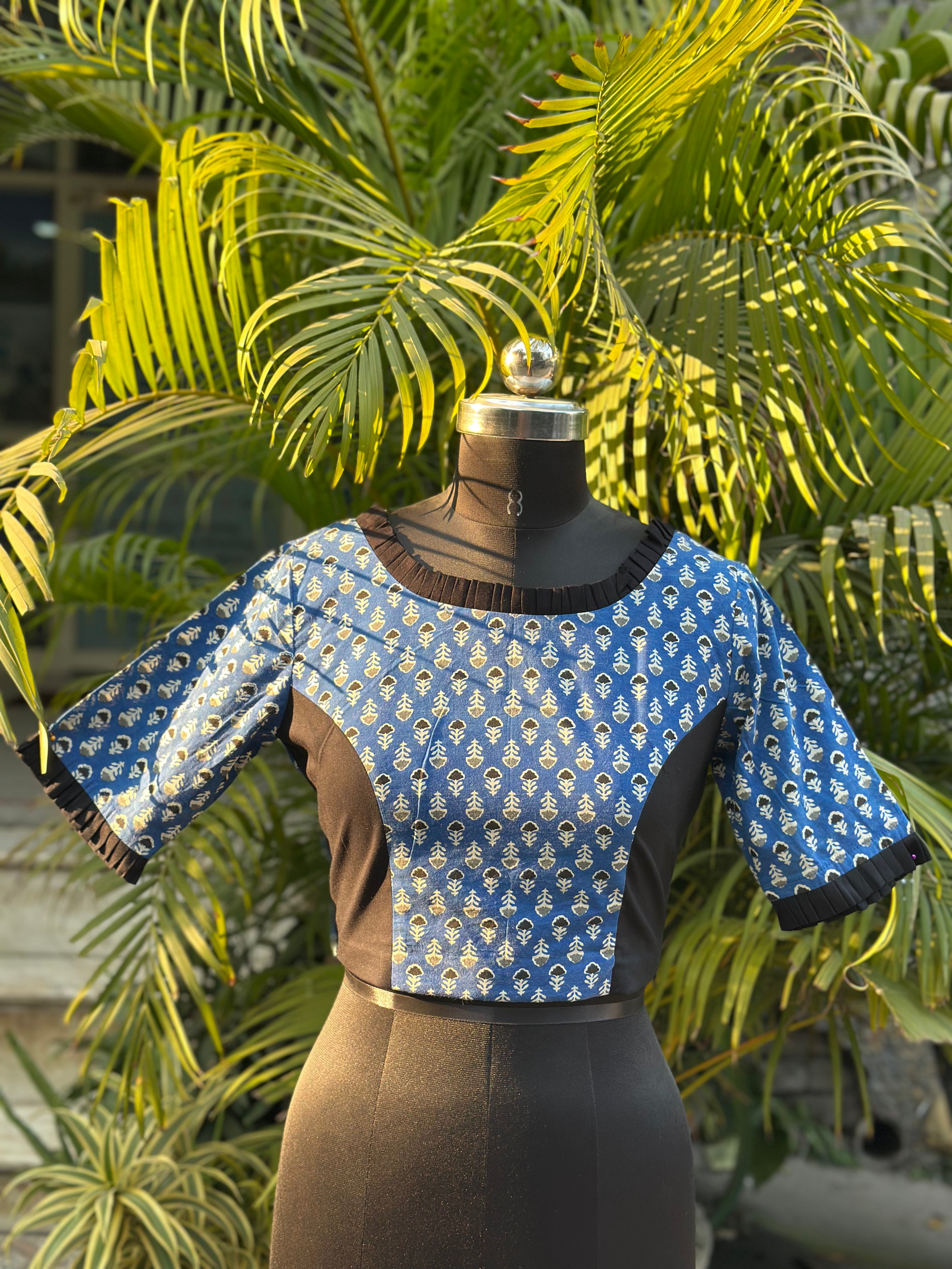 Neel Ruffle - Blue Bagru Booti Handblock print cotton blouse with frill sleeves