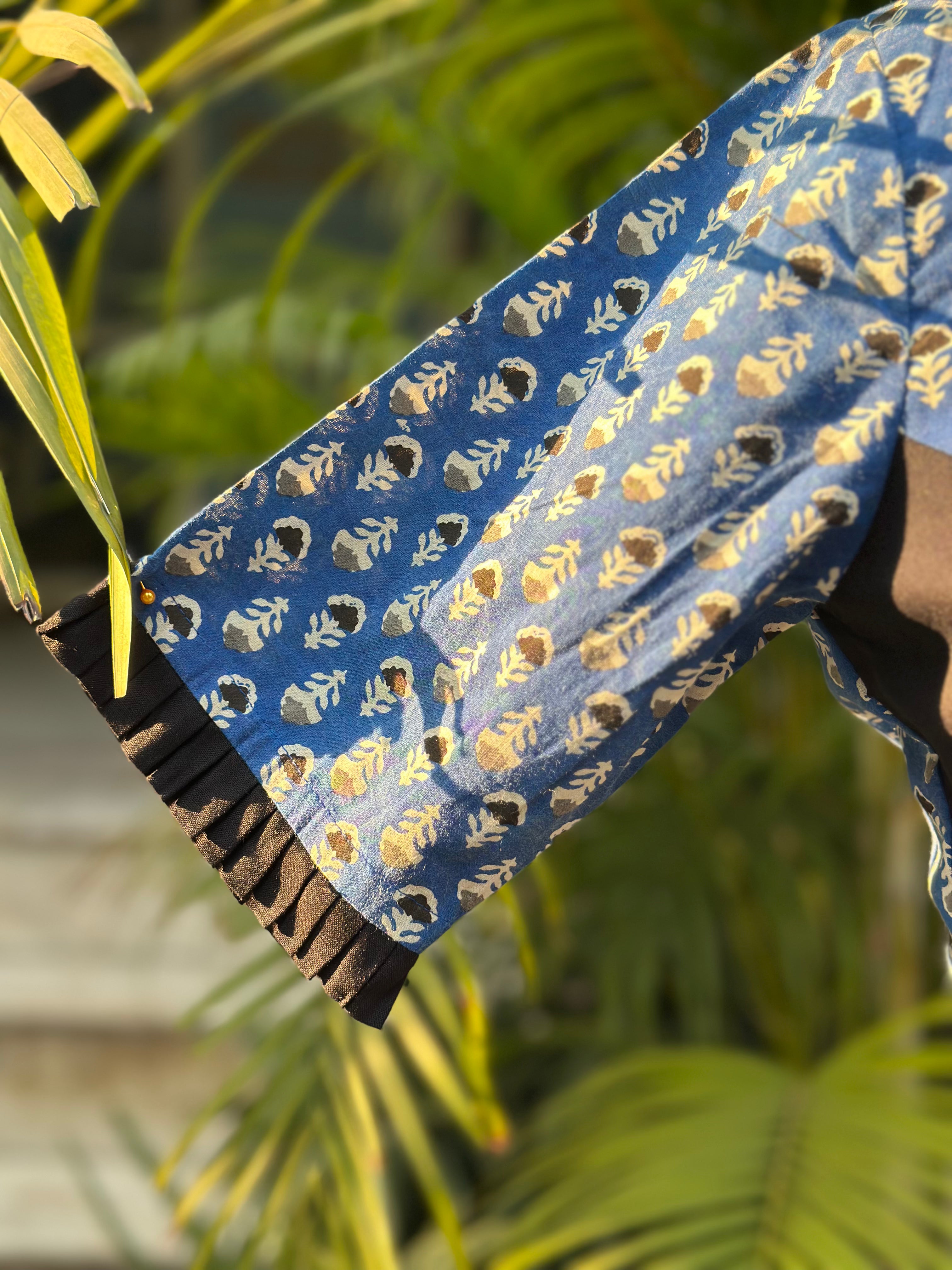 Neel Ruffle - Blue Bagru Booti Handblock print cotton blouse with frill sleeves
