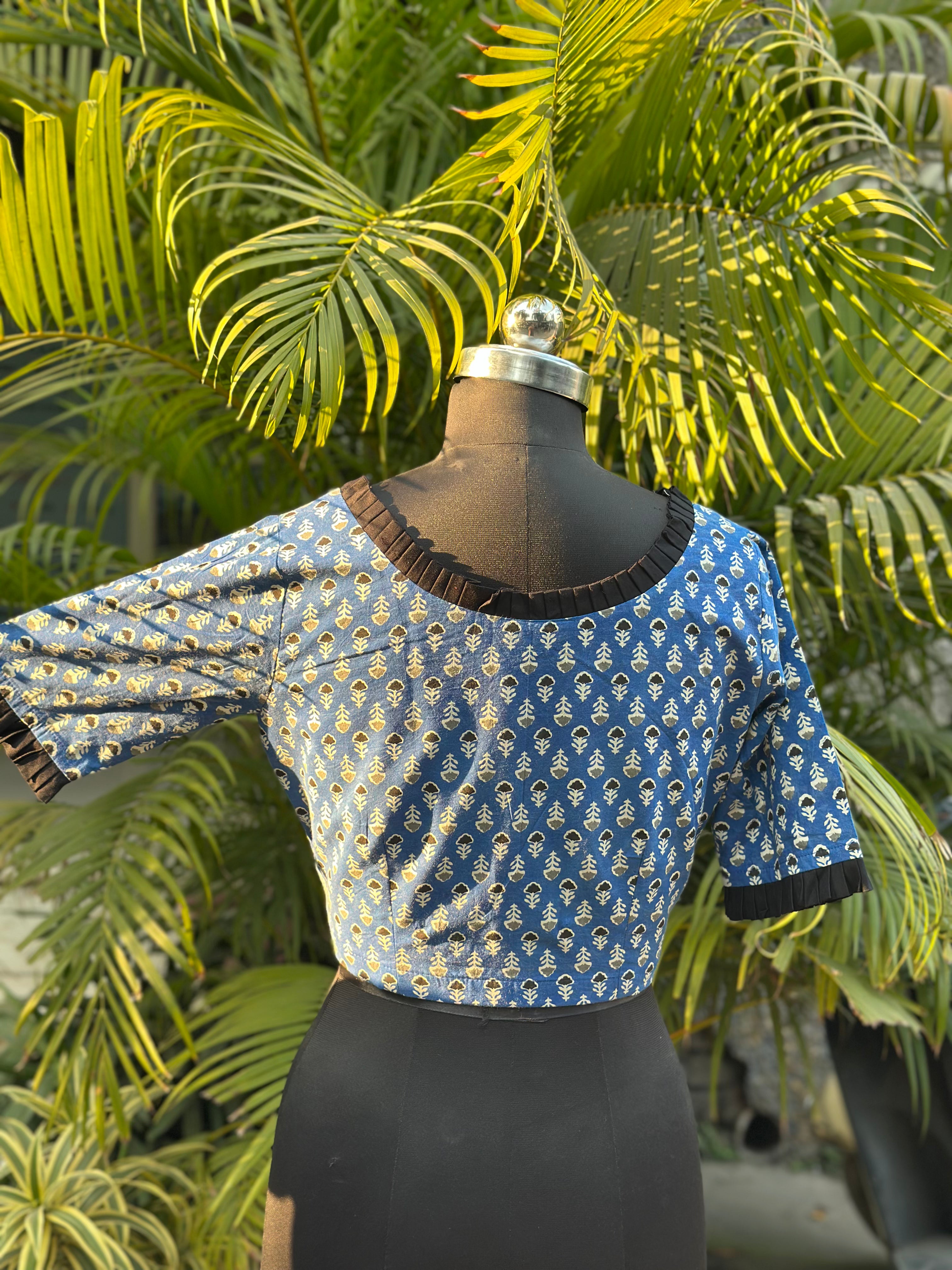 Neel Ruffle - Blue Bagru Booti Handblock print cotton blouse with frill sleeves