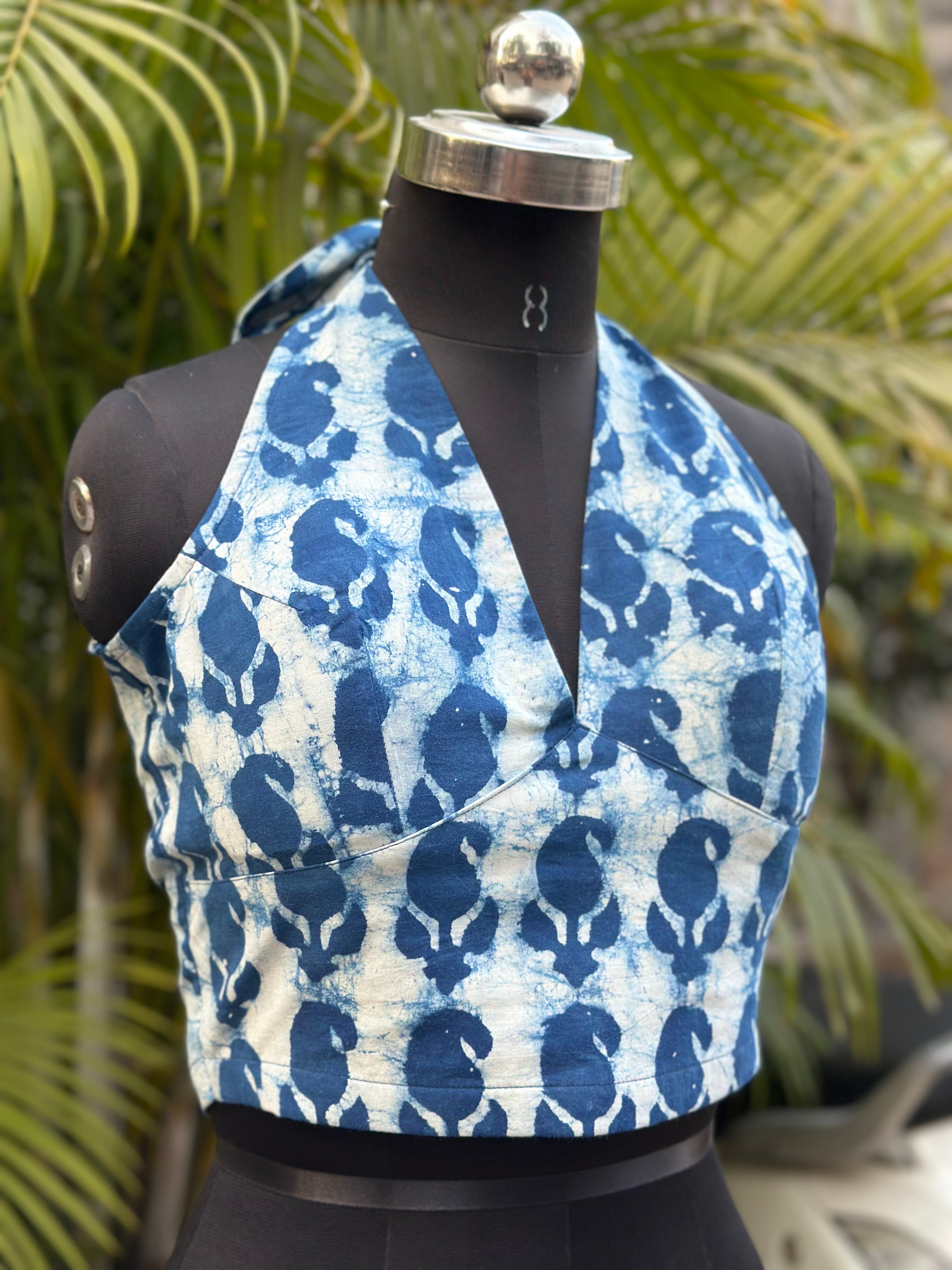 Neel Dhara- Bagru Handblock Paisley Print Backless Tie Up Cotton Crop Top