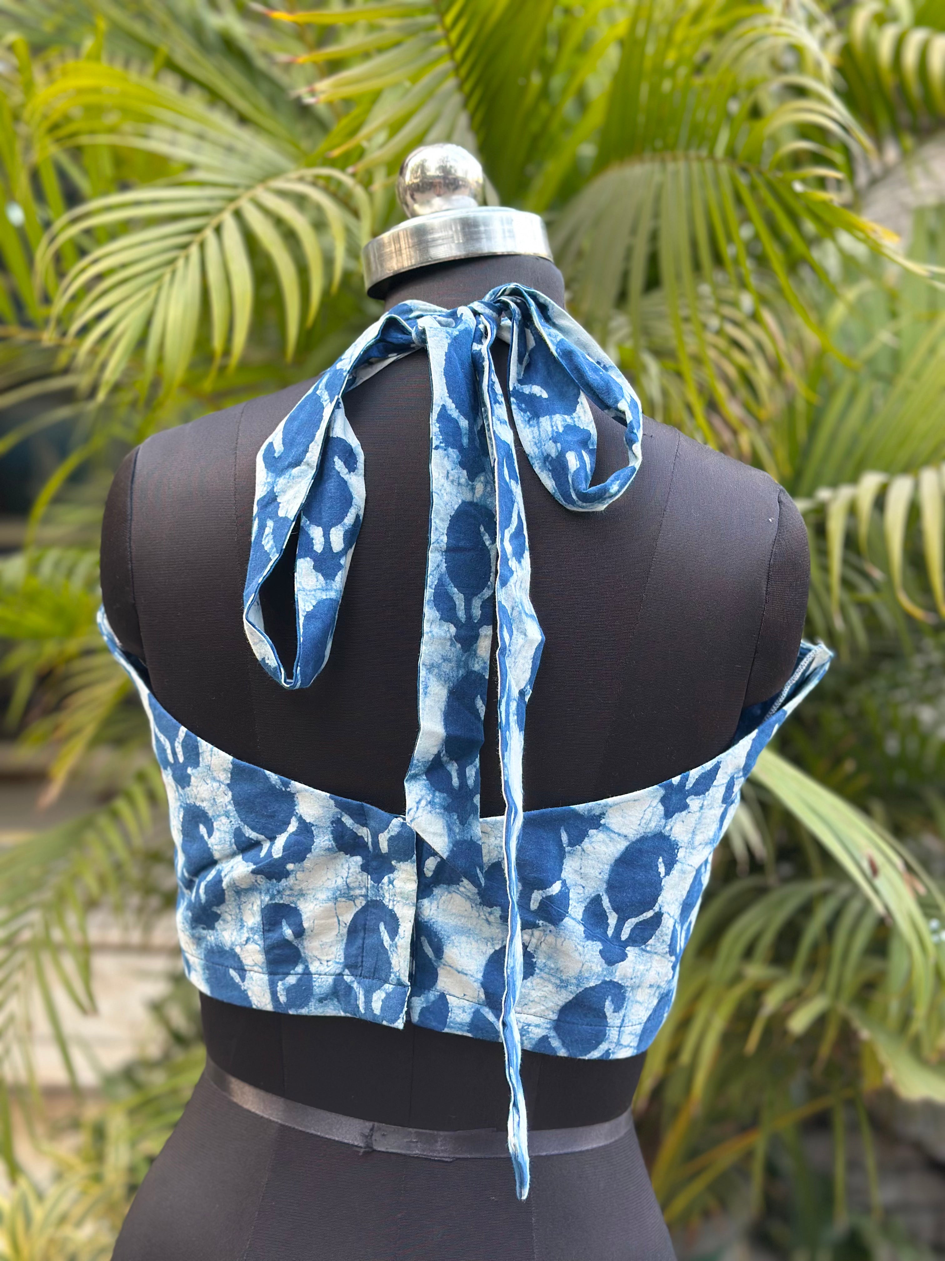 Neel Dhara- Bagru Handblock Paisley Print Backless Tie Up Cotton Crop Top