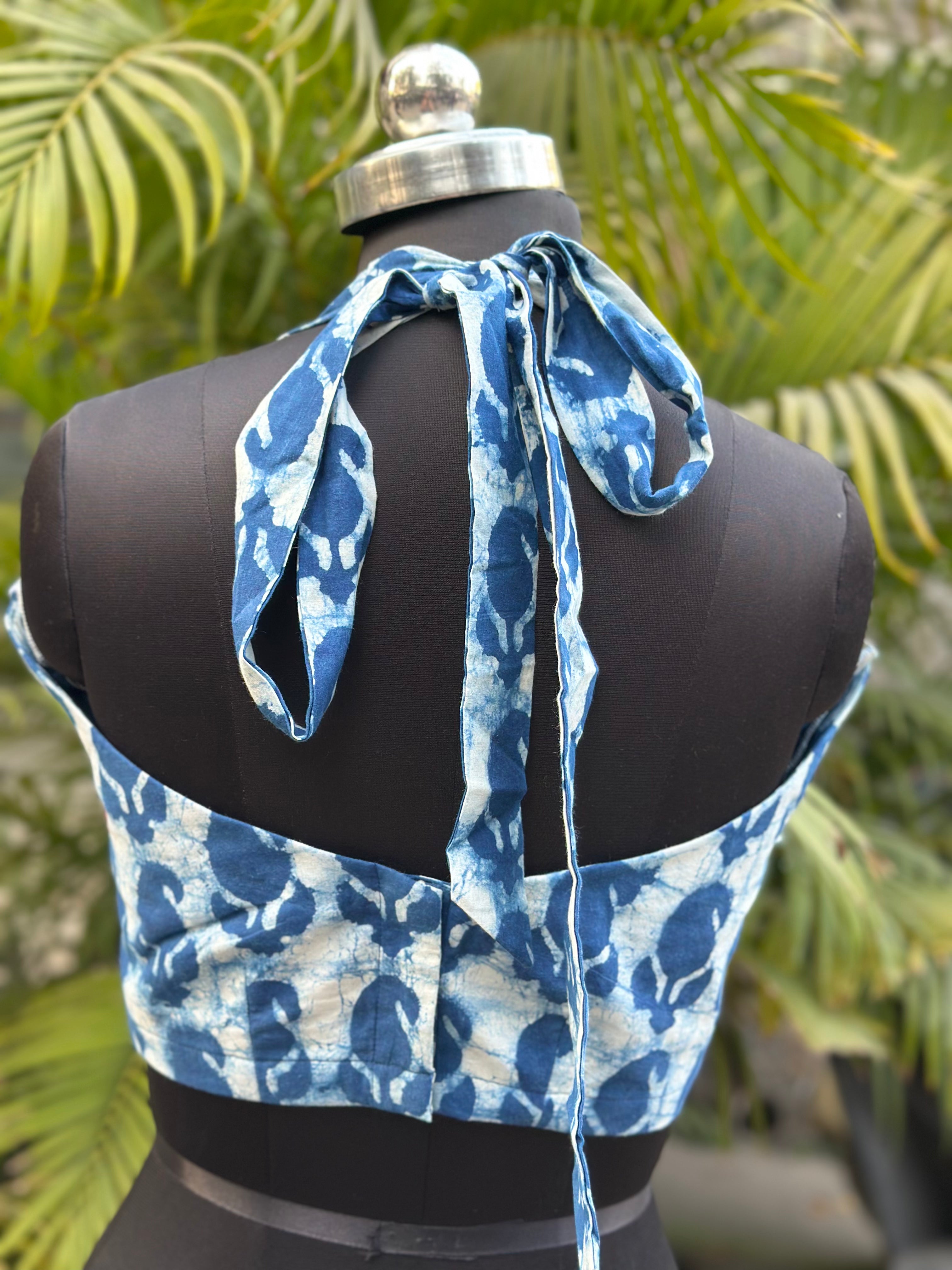 Neel Dhara- Bagru Handblock Paisley Print Backless Tie Up Cotton Crop Top