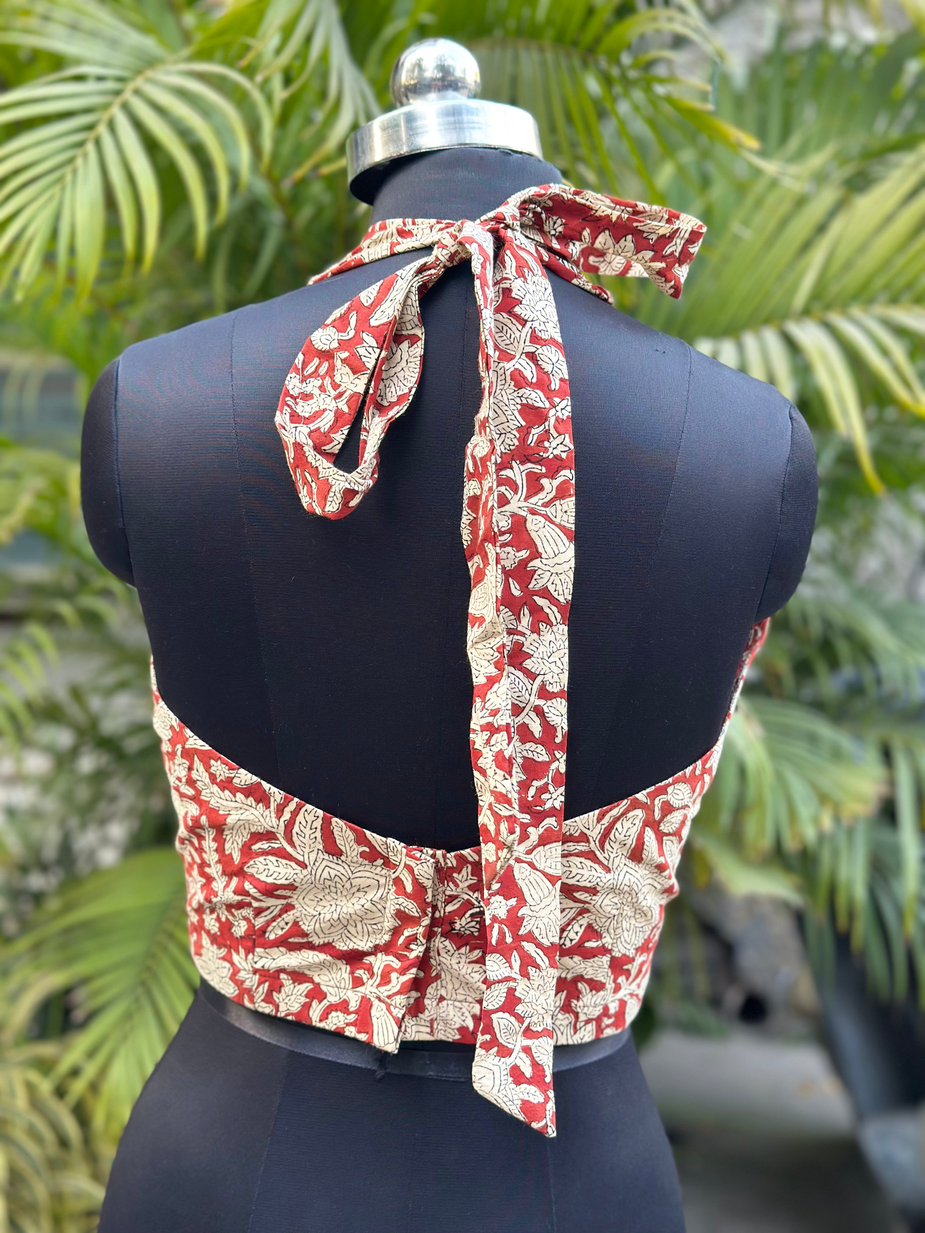 Gulnaar- Red Jaali Baagru Handblock Print Backless Cotton Crop Top