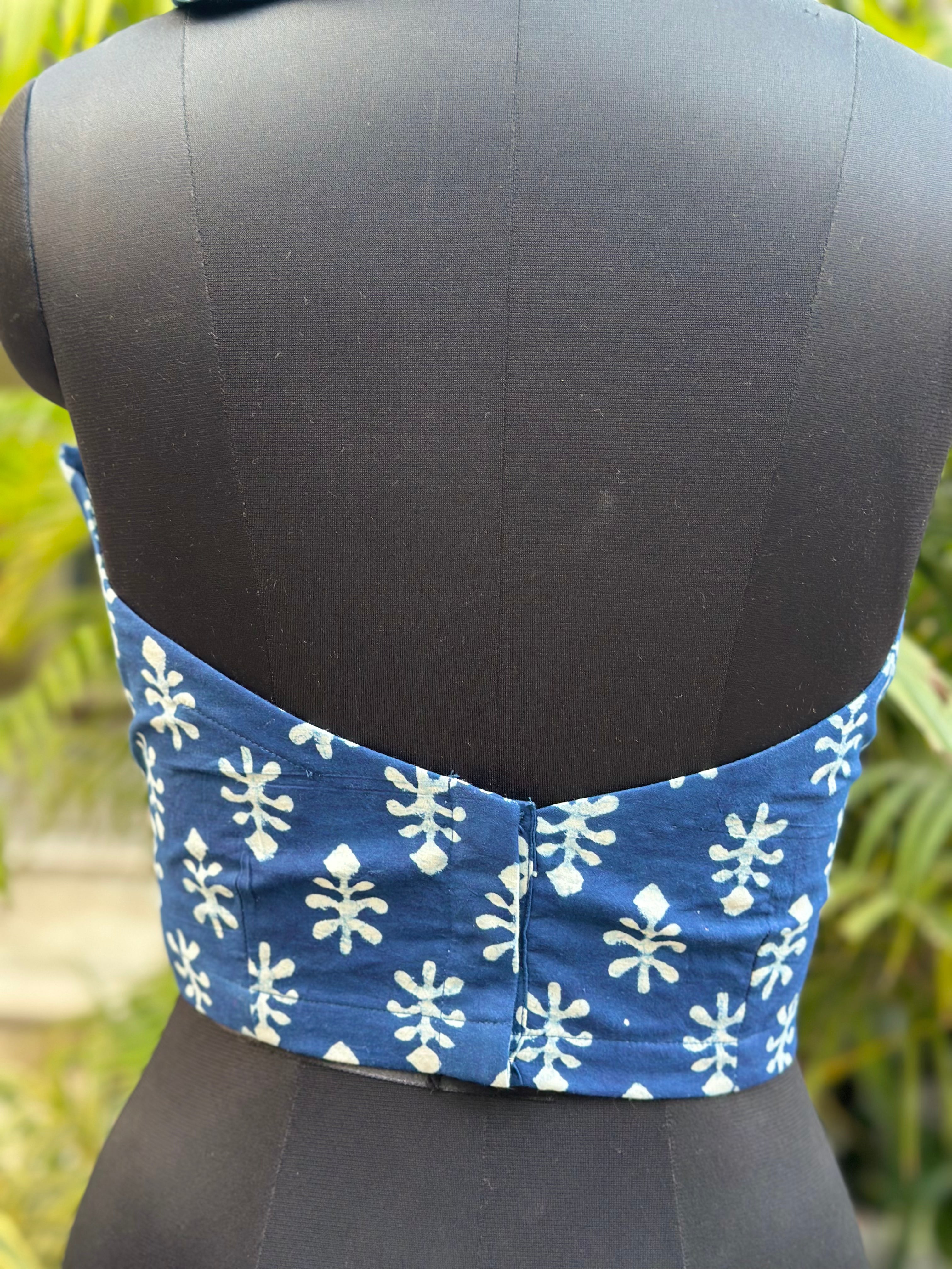 Blue Courtyard - Indigo Dabu Halter Backless Cotton Crop tie-up crop top
