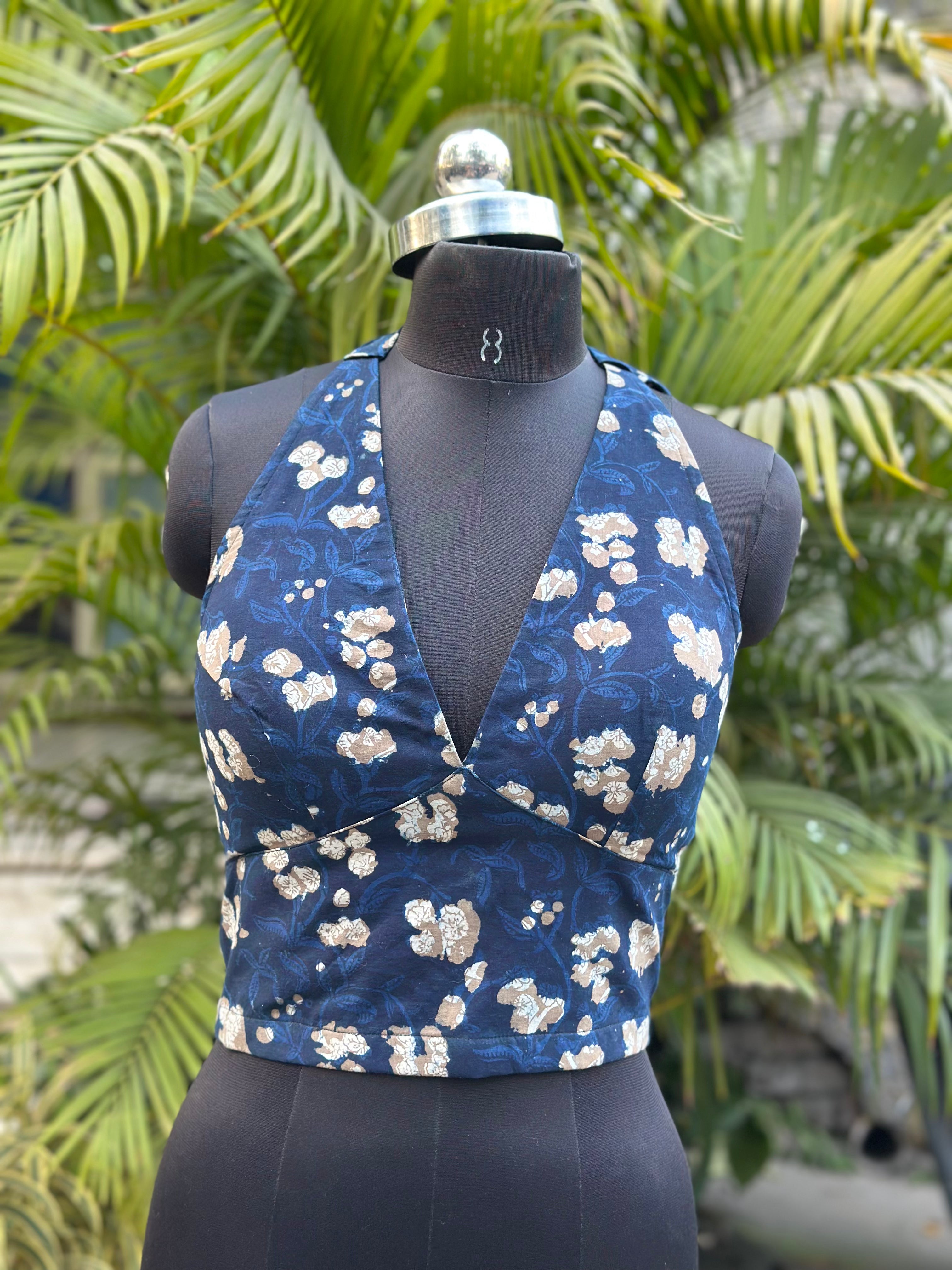 Blue Courtyard - Indigo Dabu Halter Backless Cotton Crop tie-up crop top