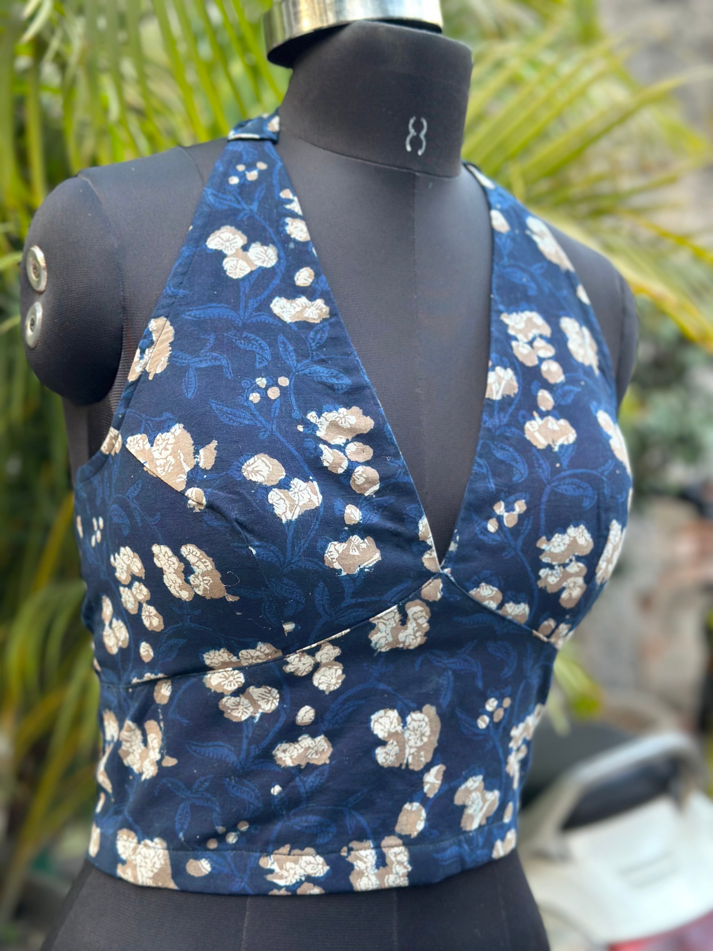 Midnight Mehfil- Dark blue bagru backless tie-up handblock print cotton crop  top