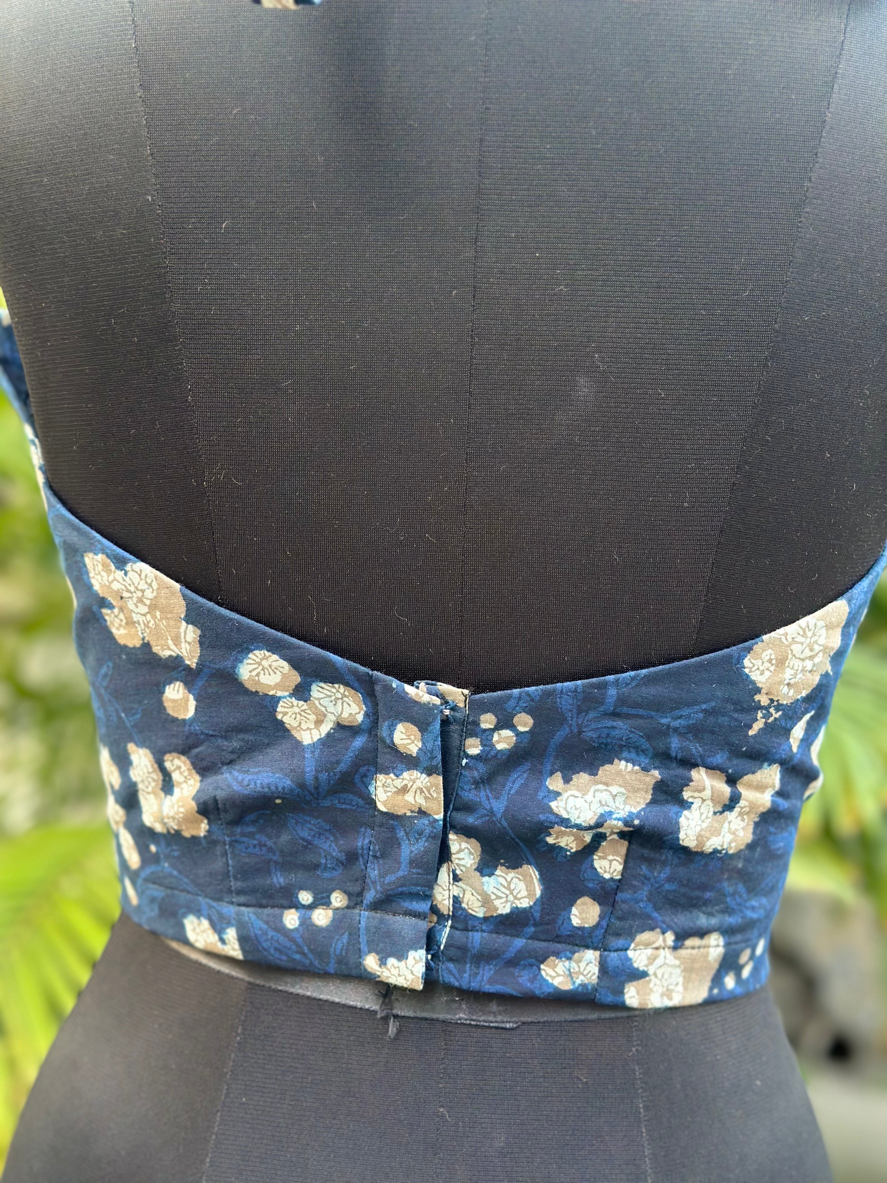 Midnight Mehfil- Dark blue bagru backless tie-up handblock print cotton crop  top