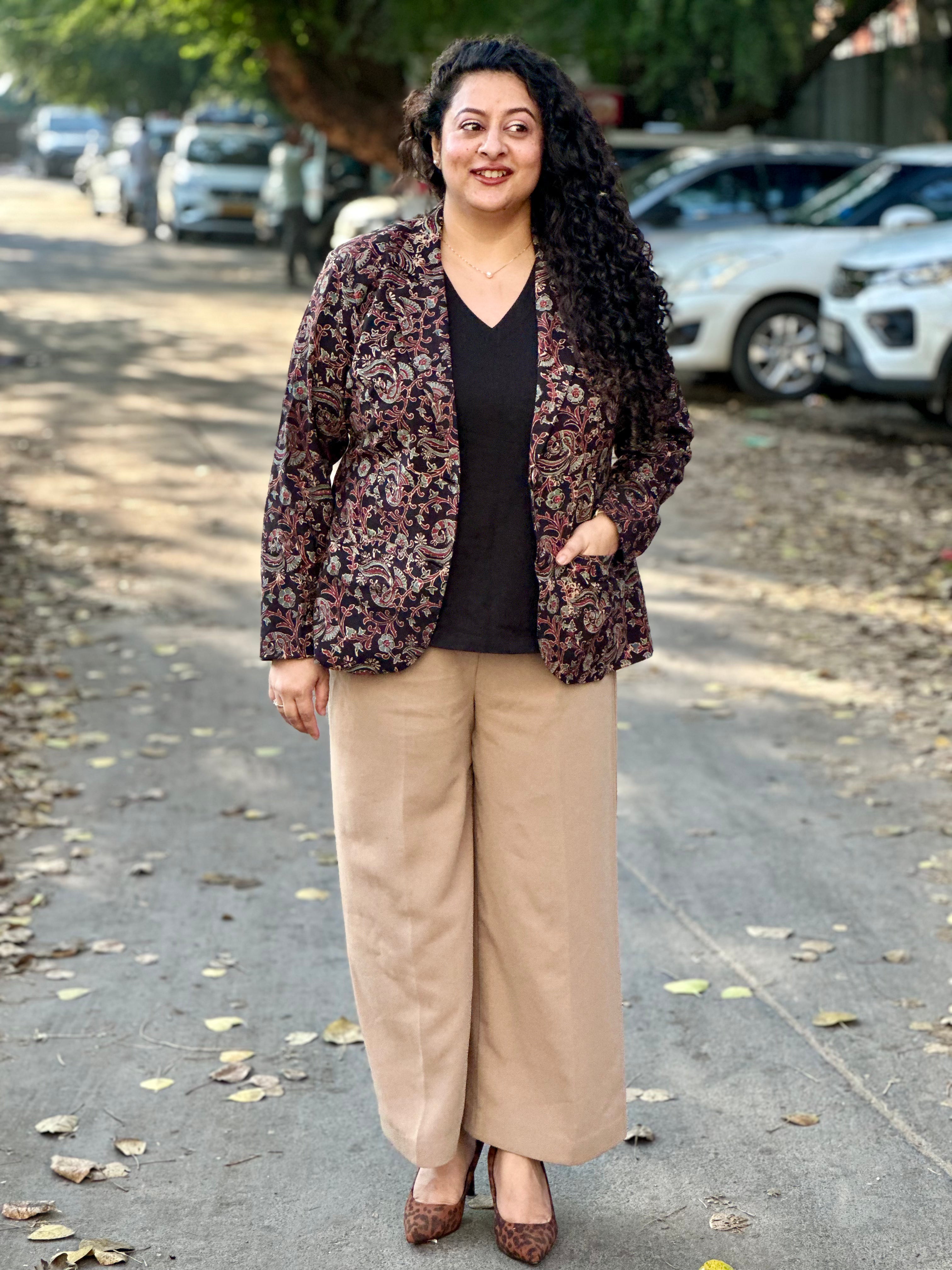 Bhuj Heritage- Black Ajrakh Floral Handblock Print Cotton Blazer