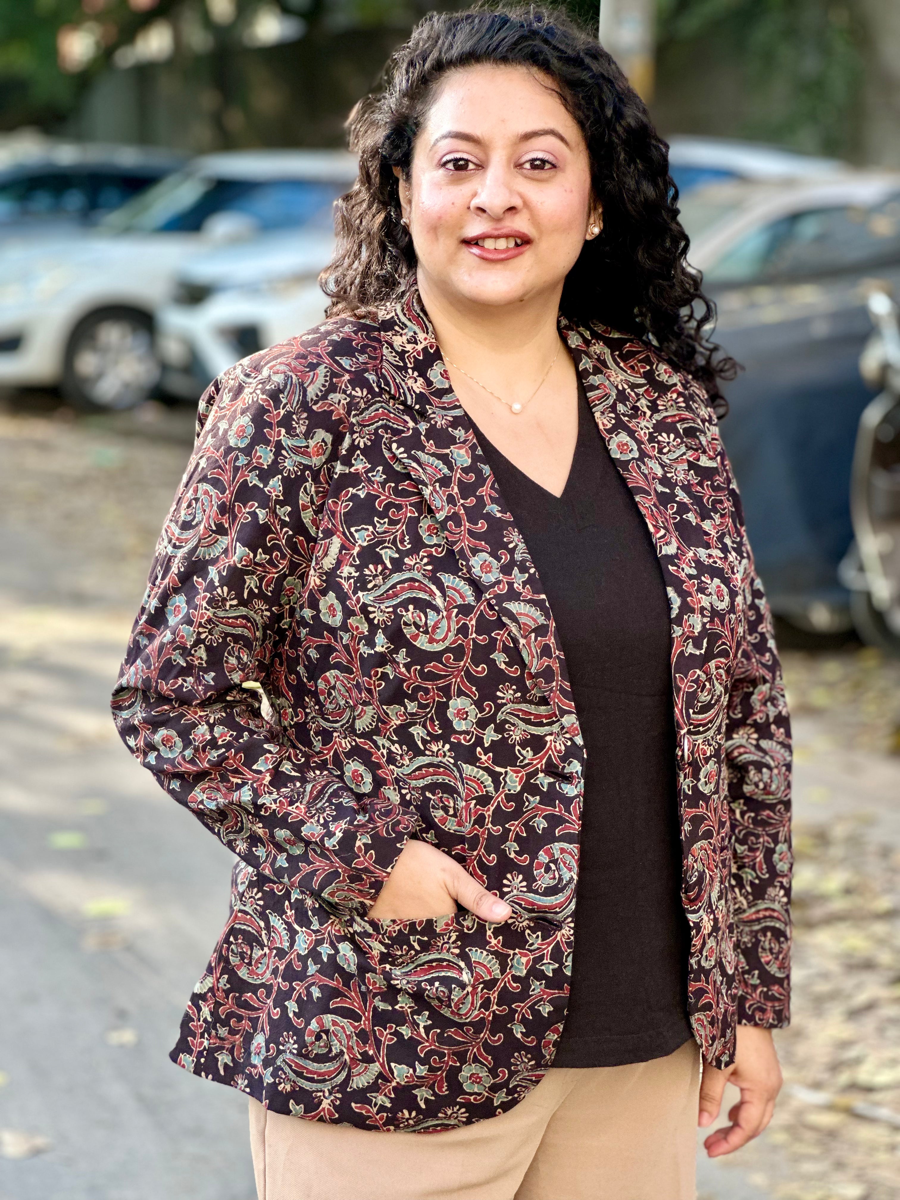 Bhuj Heritage- Black Ajrakh Floral Handblock Print Cotton Blazer