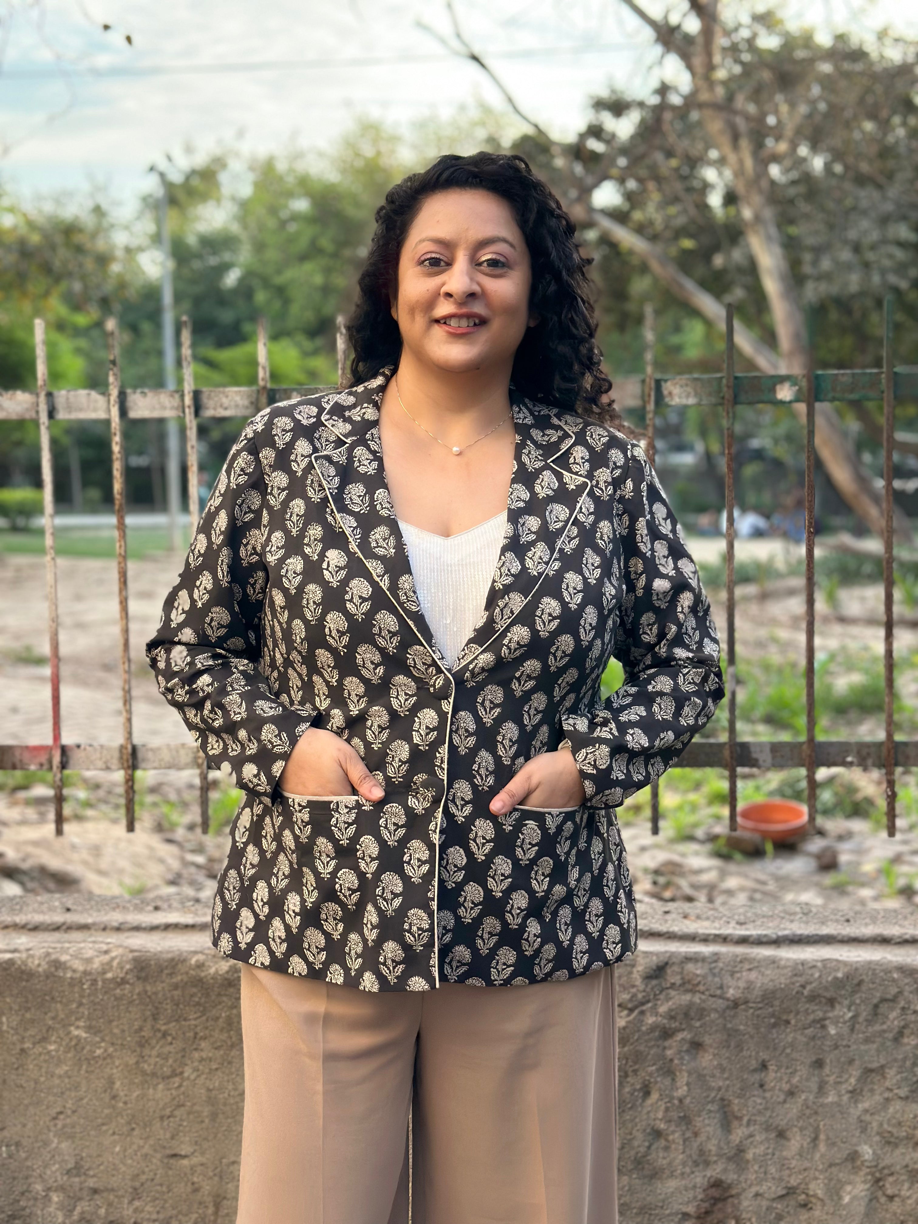 Midnight Motif Black Bagru Handblock Print Blazer