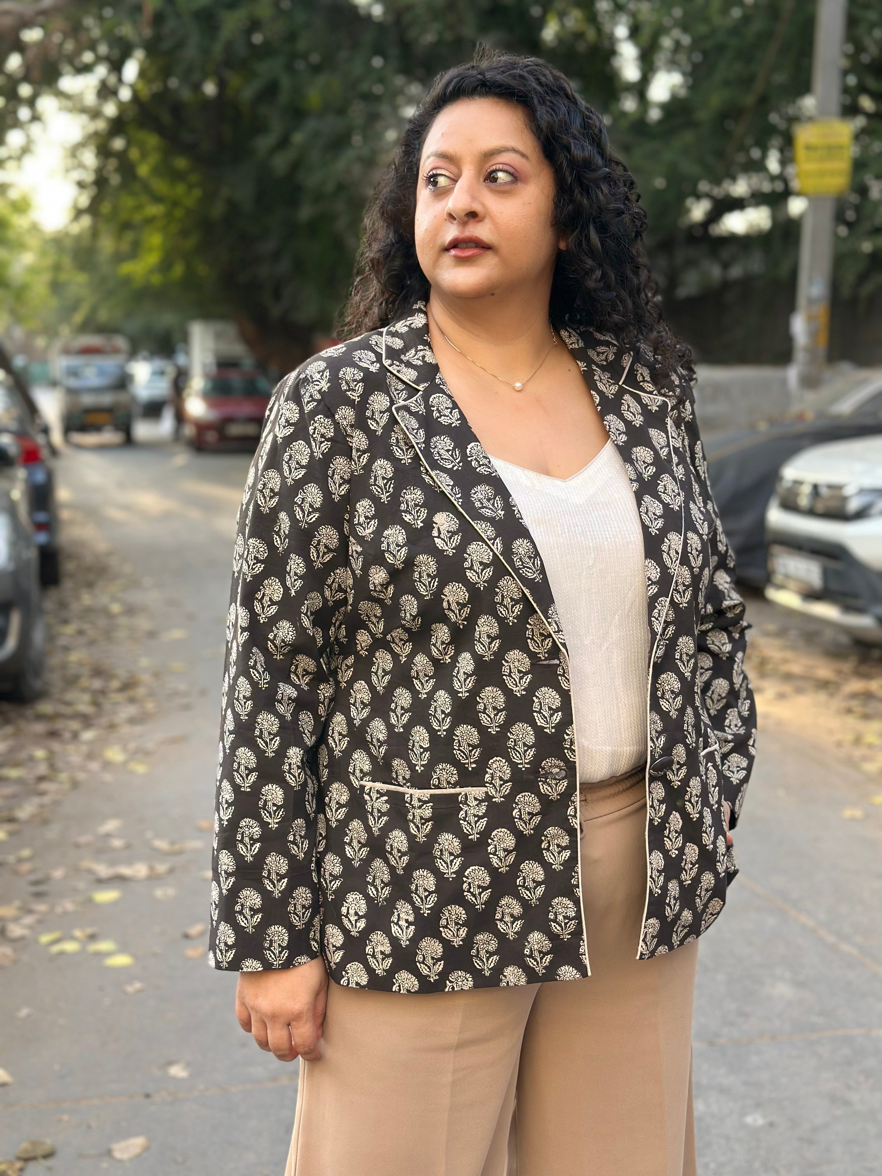 Midnight Motif Black Bagru Handblock Print Blazer