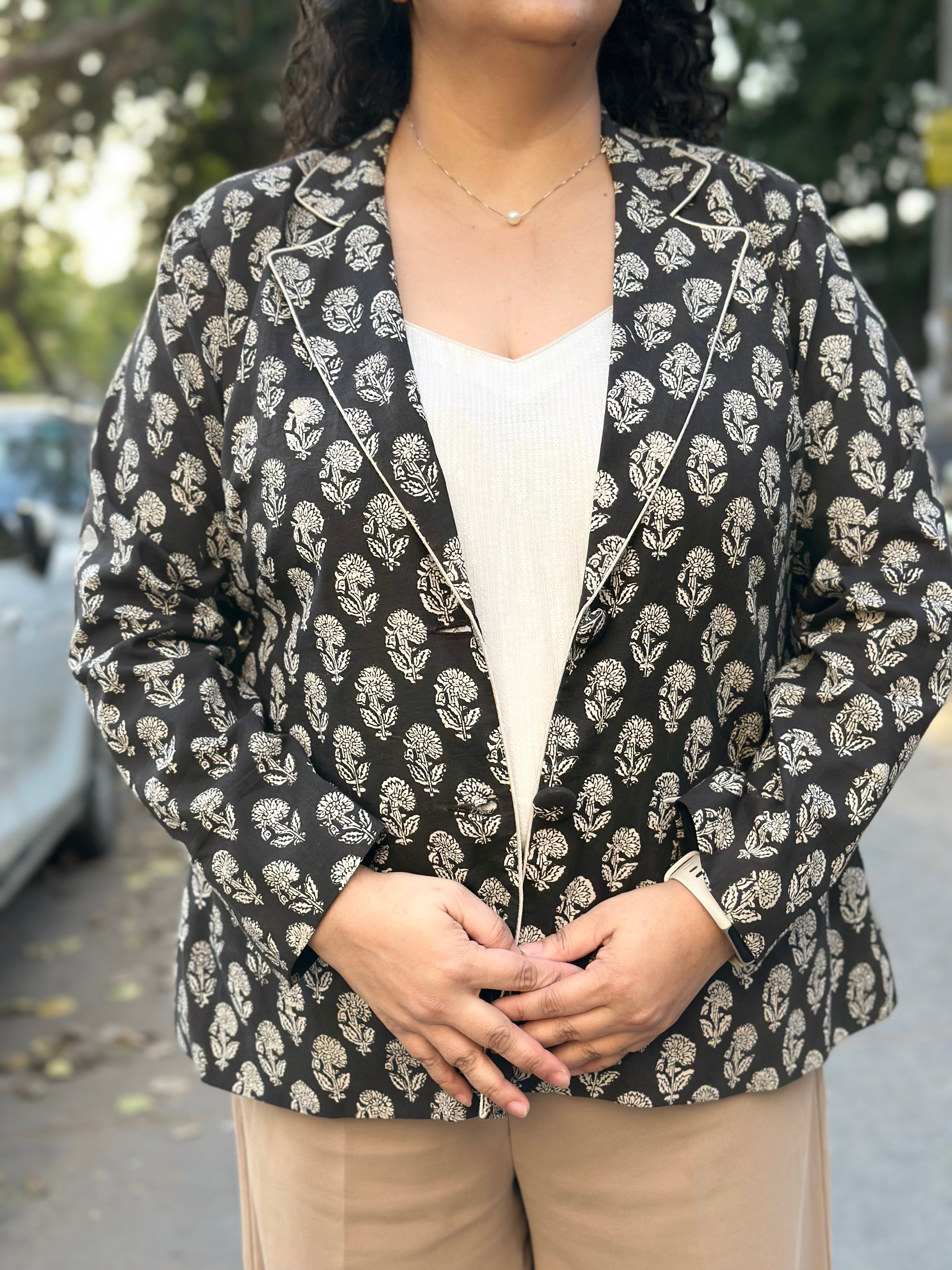Midnight Motif Black Bagru Handblock Print Blazer
