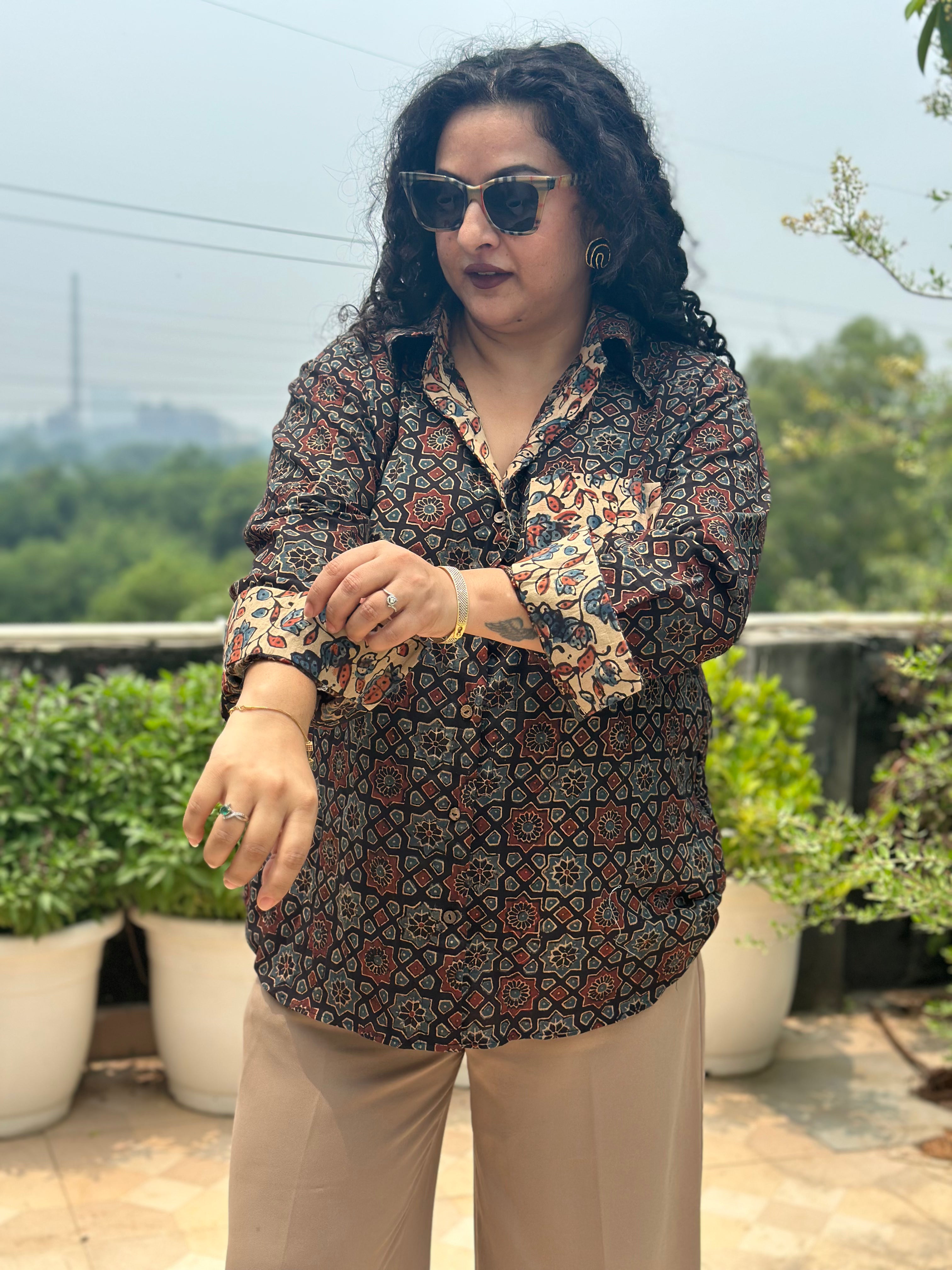 Noorvana – Premium Brown Ajrakh Handblock Print Cotton Shirt
