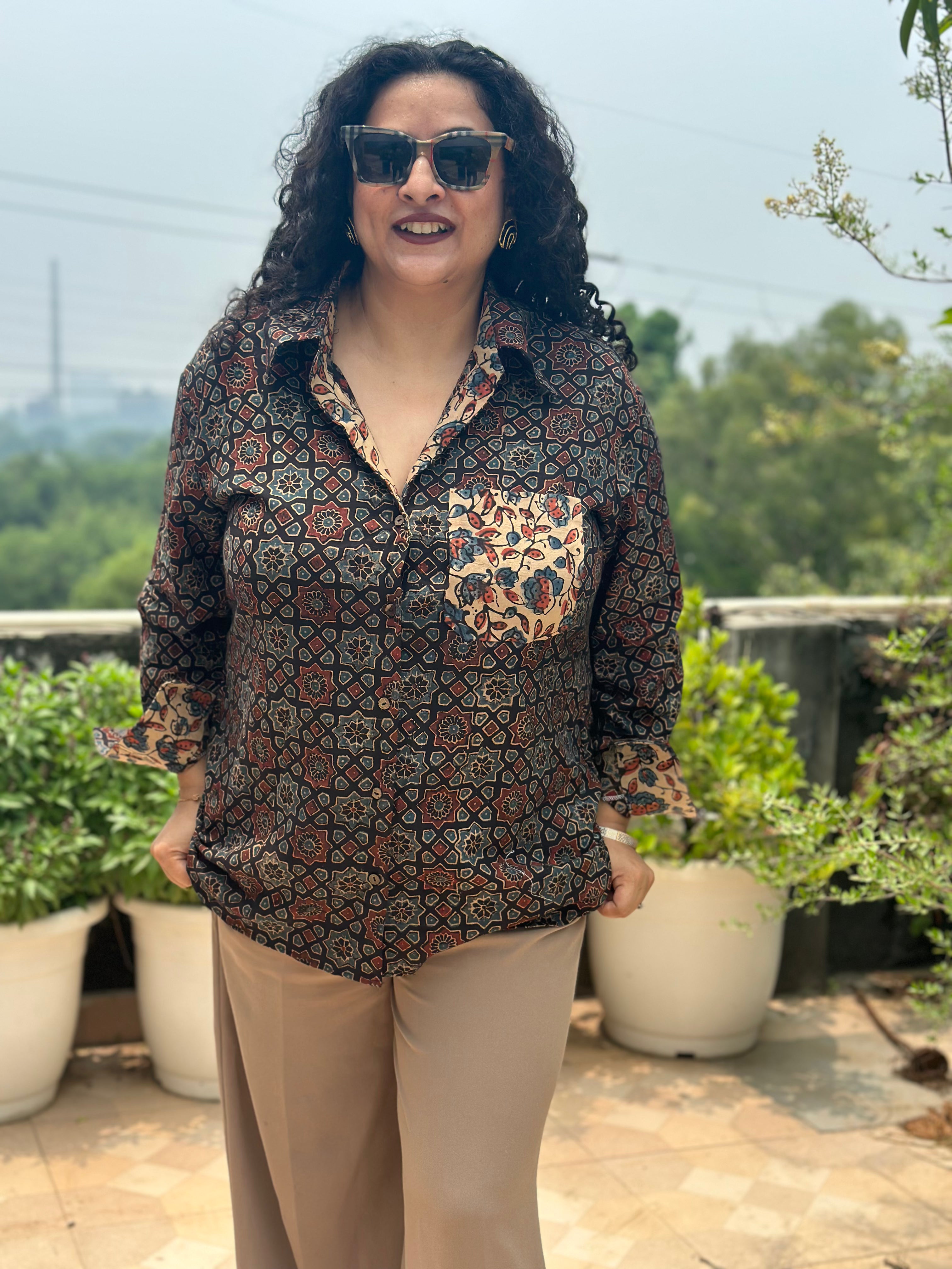 Noorvana – Premium Brown Ajrakh Handblock Print Cotton Shirt