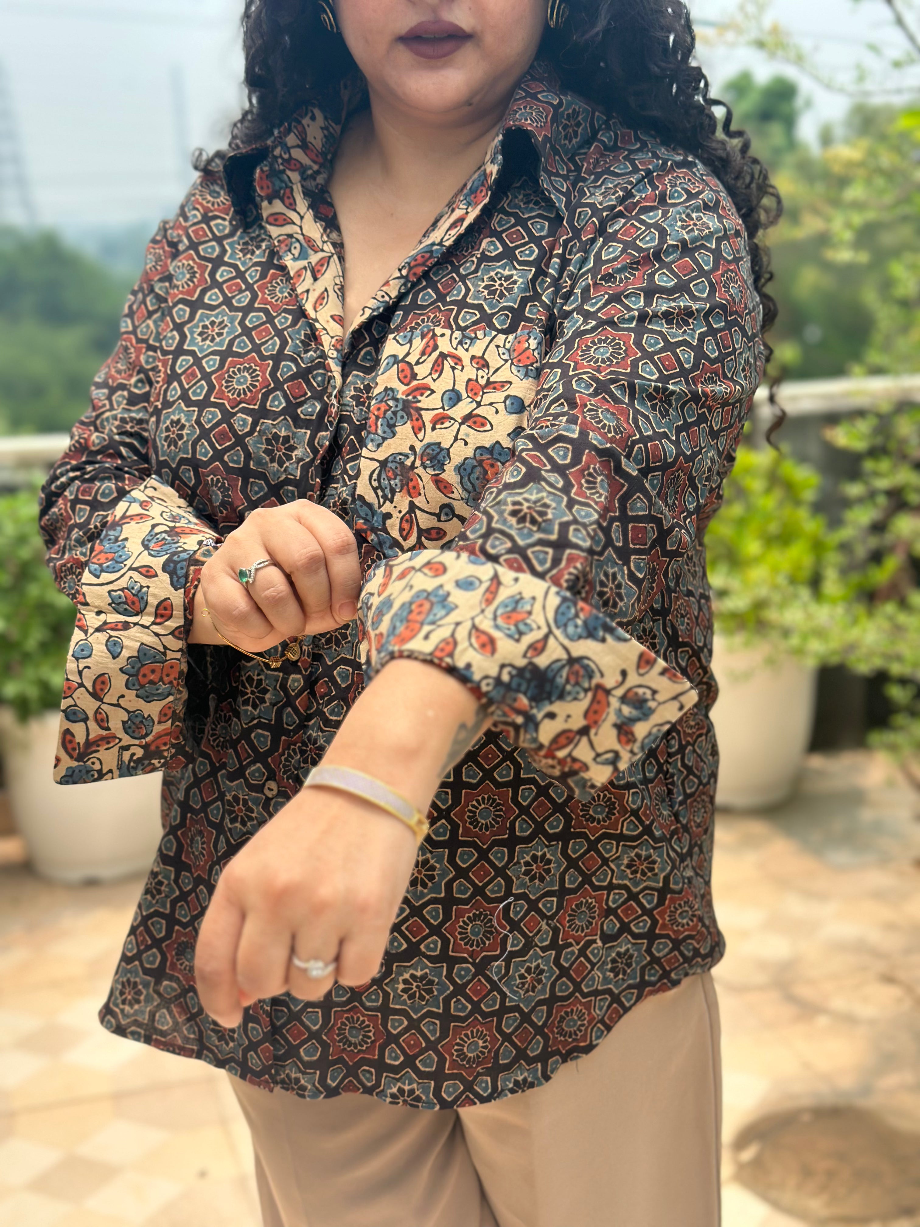 Noorvana – Premium Brown Ajrakh Handblock Print Cotton Shirt