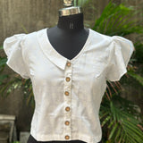 White handblock print half collored neck cotton top