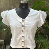 White handblock print half collored neck cotton top