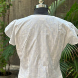 White handblock print half collored neck cotton top