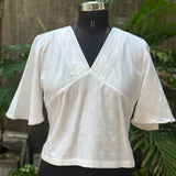 White handblock print V-neck cotton top with butterfly sleeves