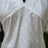 White handblock print V-neck cotton top with butterfly sleeves