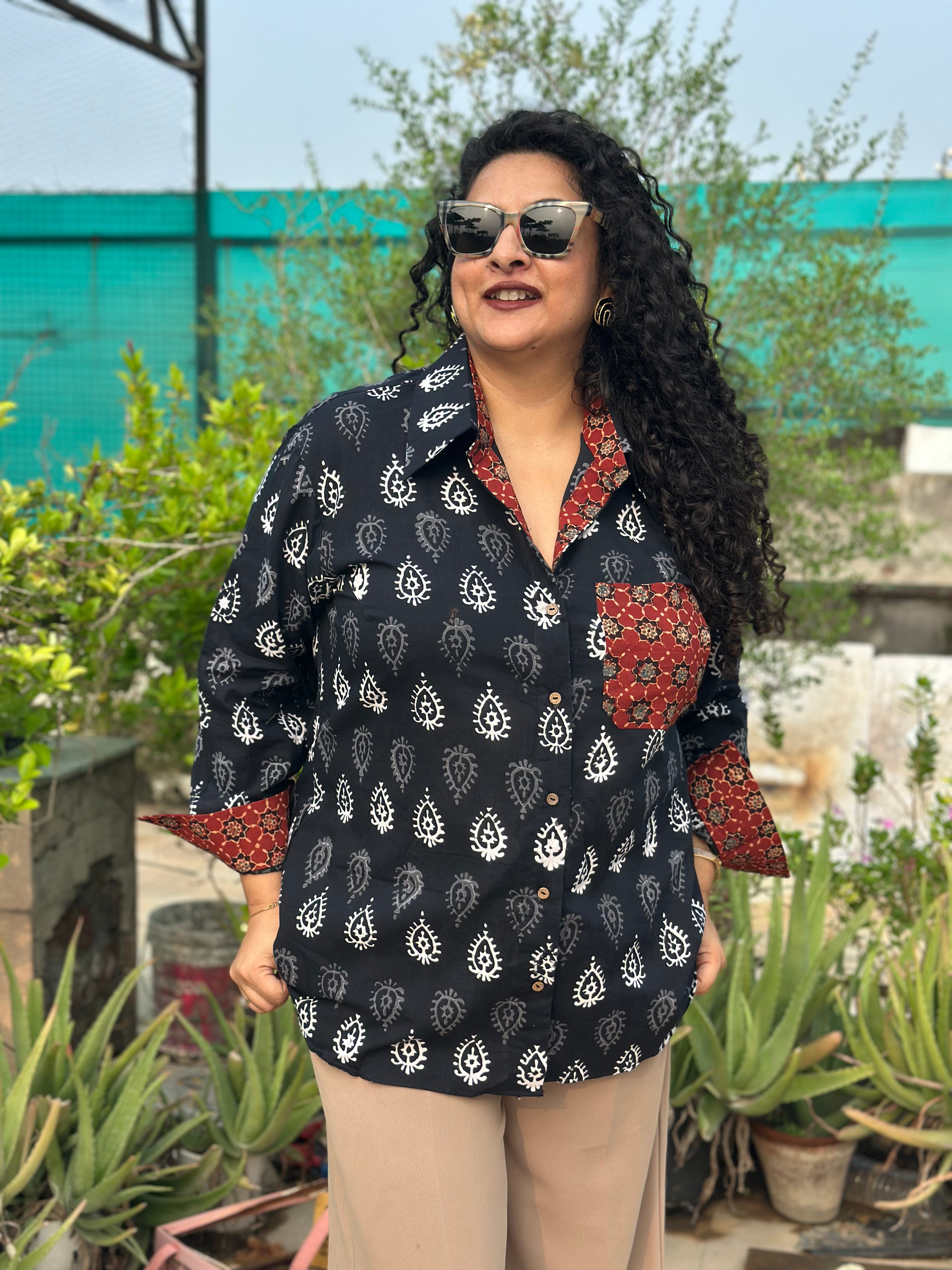 Gulnaar- Red Bagru handblock print cotton shirt