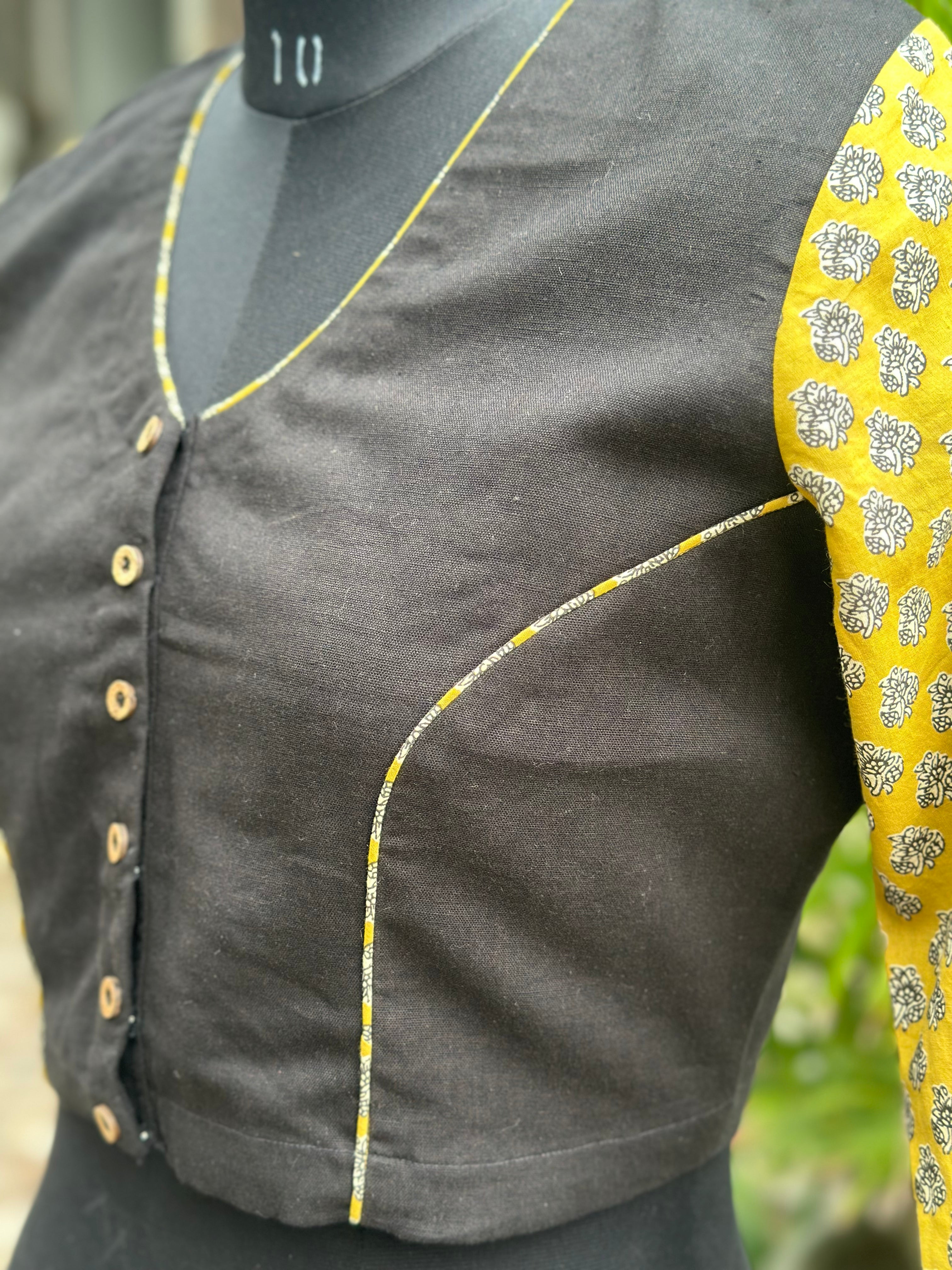 Black cotton V-Neck  blouse with Mustard Bagru Handblock Print sleeves