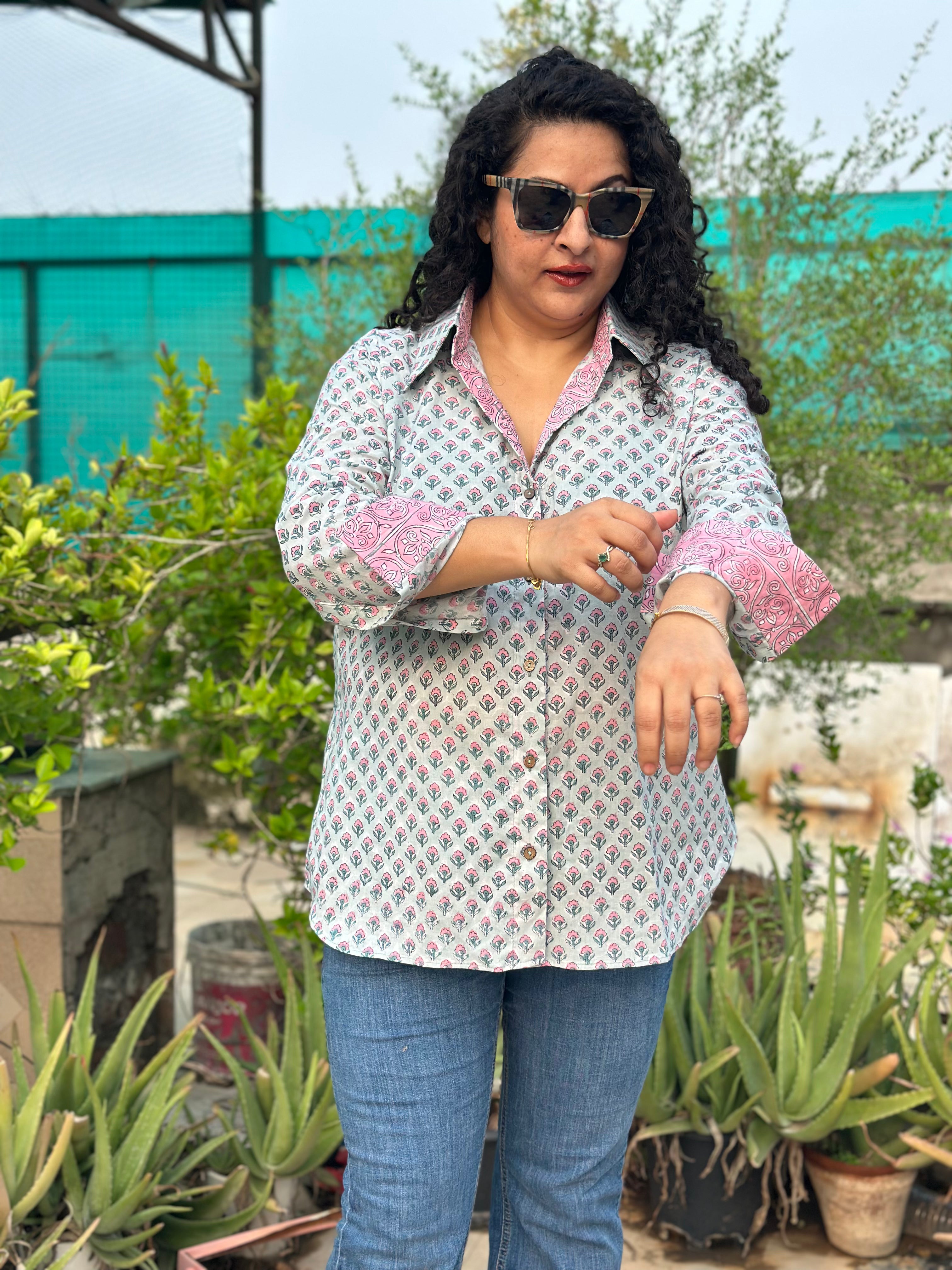 Aqua Whisper – Sanganeri Handblock Print Cotton Shirt