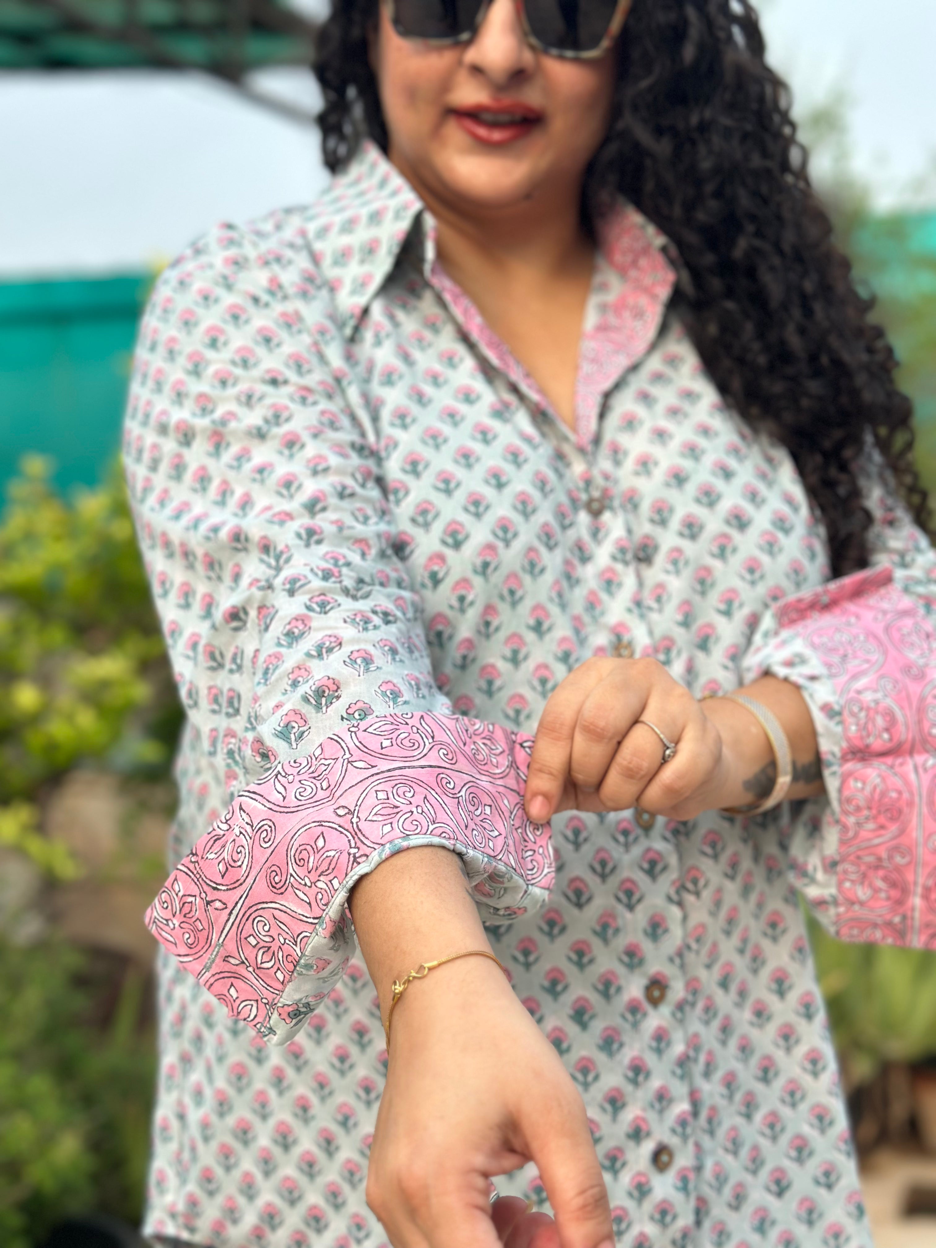 Aqua Whisper – Sanganeri Handblock Print Cotton Shirt