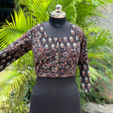 Black Ajrakh dual Handblock prinT cotton blouse with sleeves